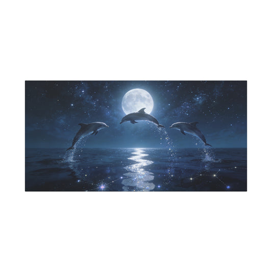 Moonlit Dolphin Canvas Wall Art - Starry Ocean Night Seascape Print - Celestial Blue Marine Decor, Matte Cotton Artwork - Bedroom Wall Decor, Living Room Home Decoration - Bedroom Home Decoration