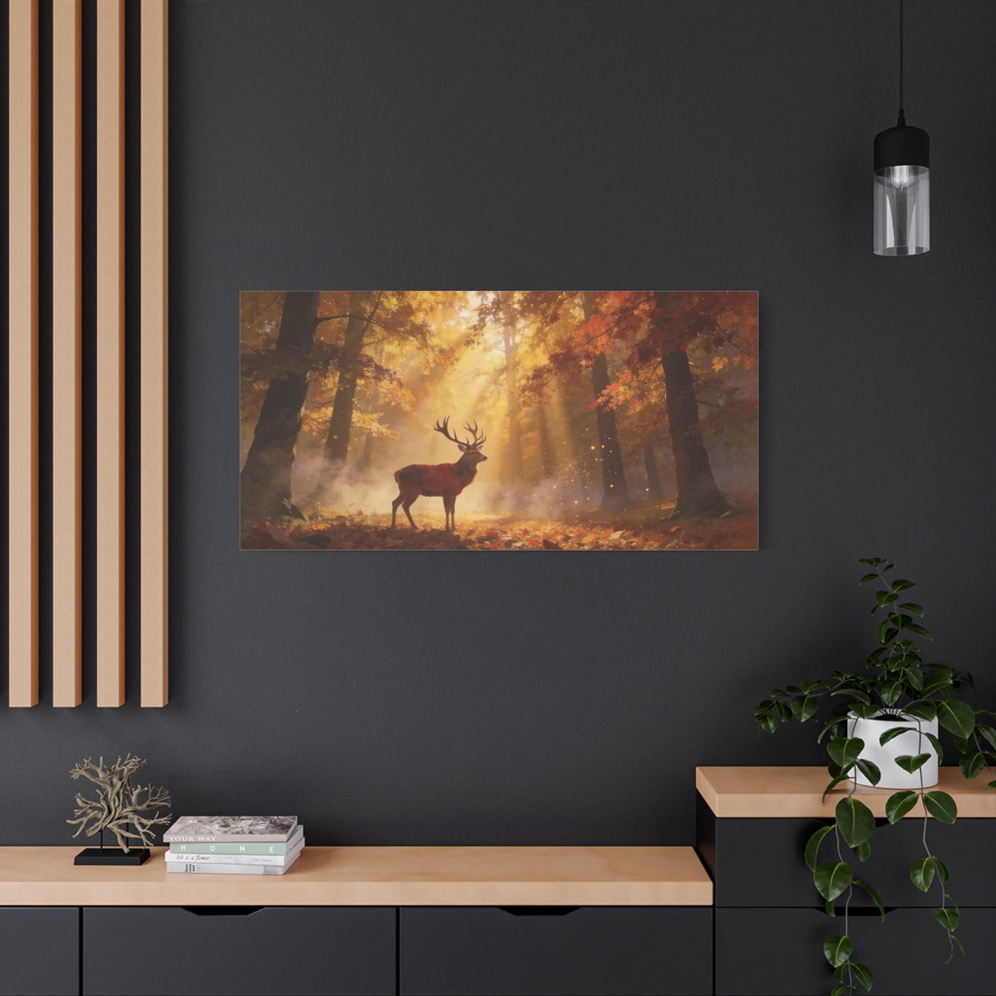 Stag Forest Canvas Wall Art - Golden Sunbeams, Misty Autumn Woodland - Matte Canvas Print - Rustic Nature Style - Living Room Wall Decor, Bedroom Home Decoration, Office Art - Bedroom Home Decoration
