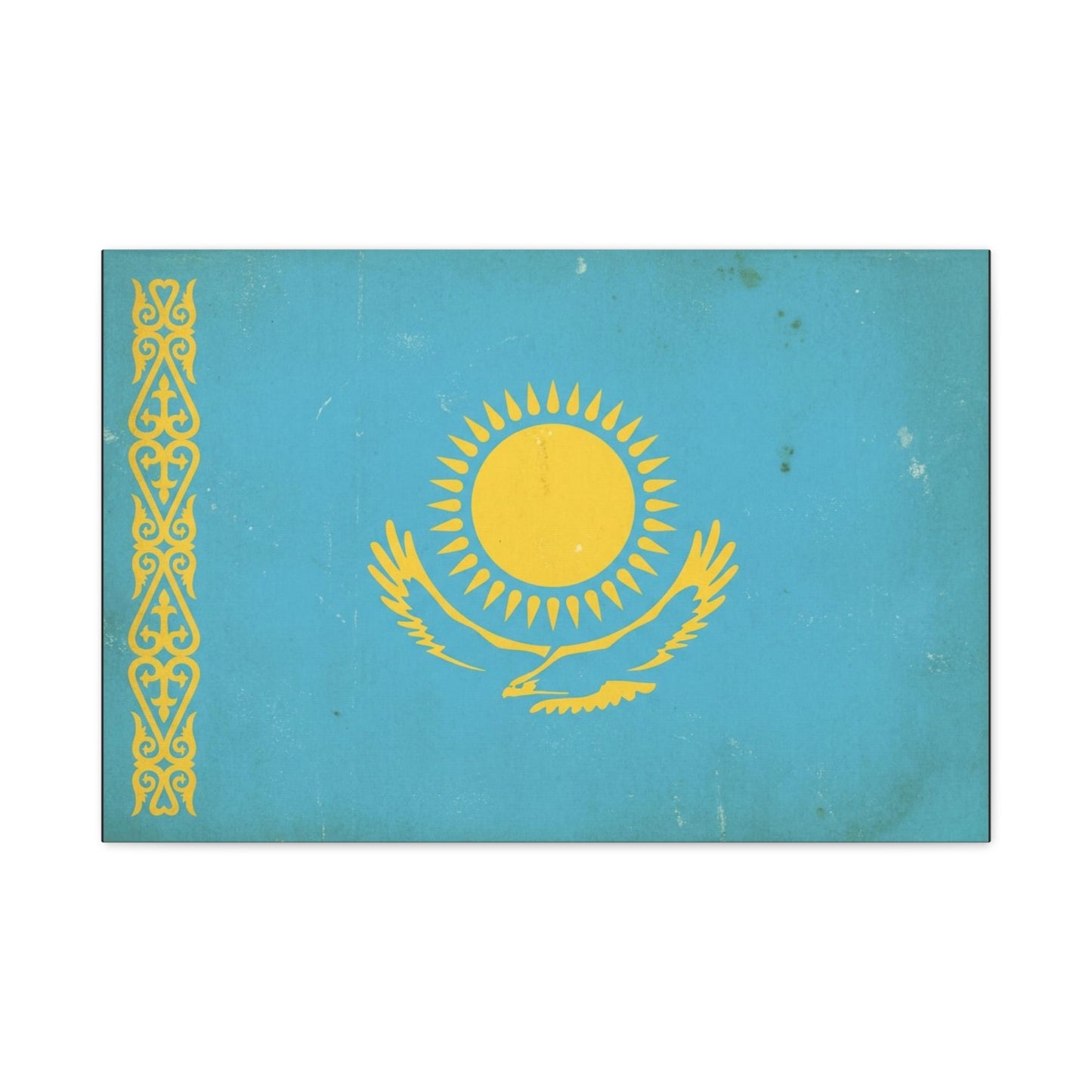 Kazakhstan Flag Canvas Wall Art - Blue And Gold Sun Eagle Emblem, Vintage Nation Print - Matte Cotton Artwork, Patriotic Living Room Wall Decor, Office Art Accent Style - Bedroom Home Decoration