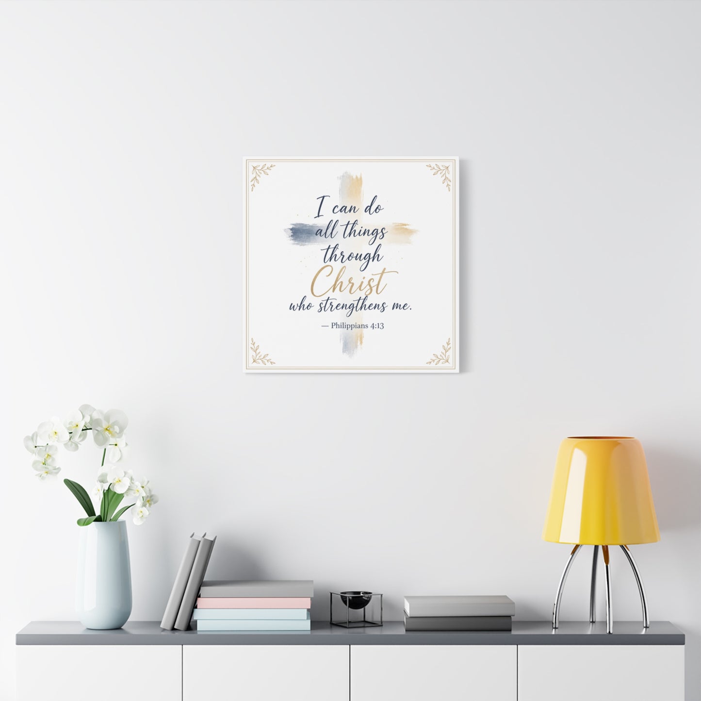 "I Can Do All Things Through Christ Who Strengthens Me. - Philippians 4:13" Christian Canvas Wall Art - Blue And Gold Scripture Quote Print - Traditional Typography - Bedroom Decor - Office Wall Art