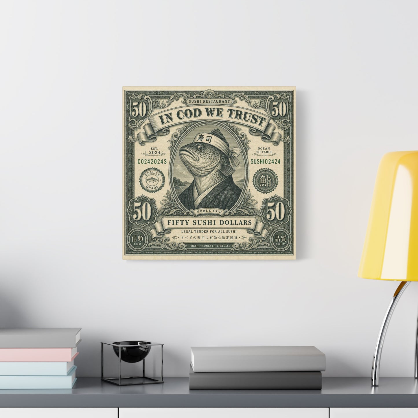 "In Cod We Trust" Sushi Restaurant Canvas Wall Art - Vintage Money Bill Fish Illustration, Typography Poster Style, Cotton Canvas Print, Cafe Decor, Dining Room Accent, Office Art - Ready to Hang