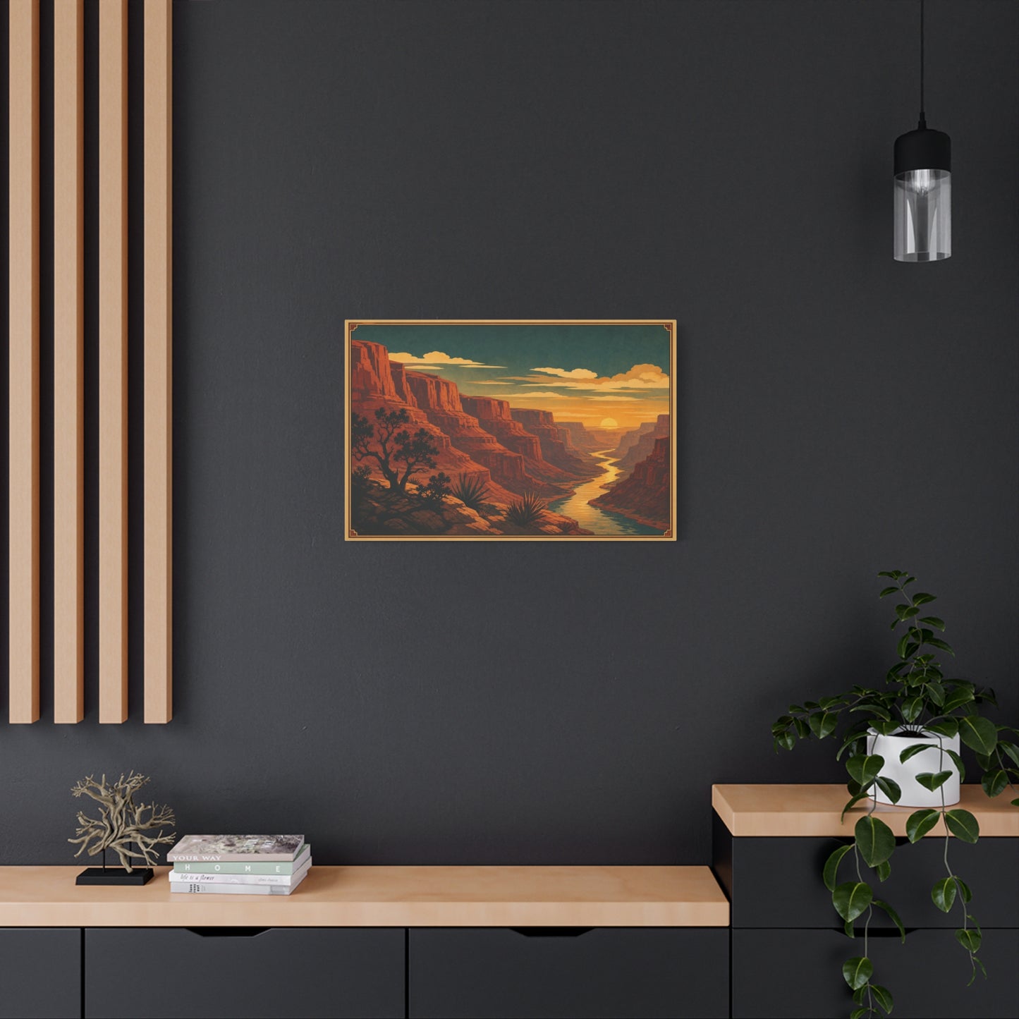 Desert Canyon Sunset Canvas Wall Art - Southwestern River Landscape Print, Vintage Travel Style - Golden Sky, Rustic Home Decor, Living Room Decoration - Ready to Hang - Living Room Wall Decor