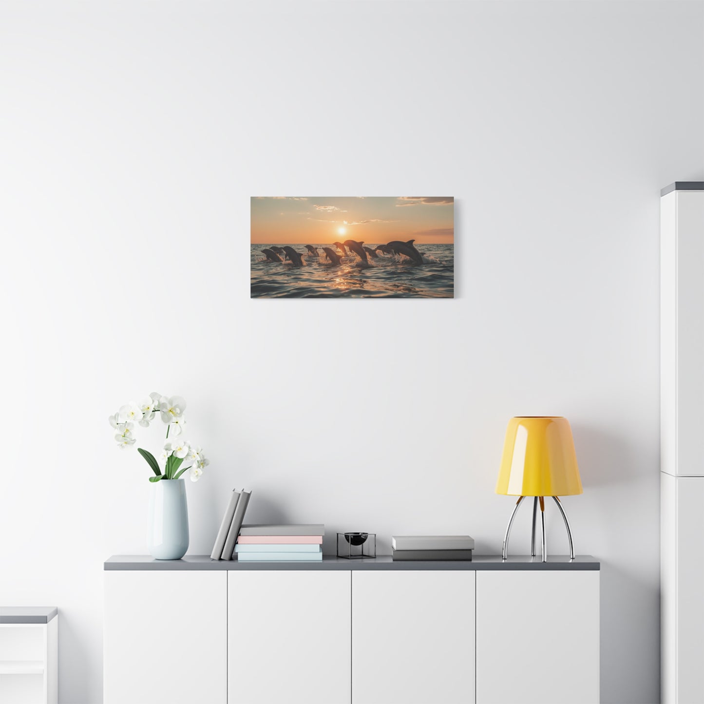 Dolphin Sunset Canvas Wall Art - Ocean Wildlife Art Print, Golden Seascape, Coastal Living Room Wall Decor, Bedroom Home Decoration, Ready to Hang Matte Canvas - Bedroom Home Decoration