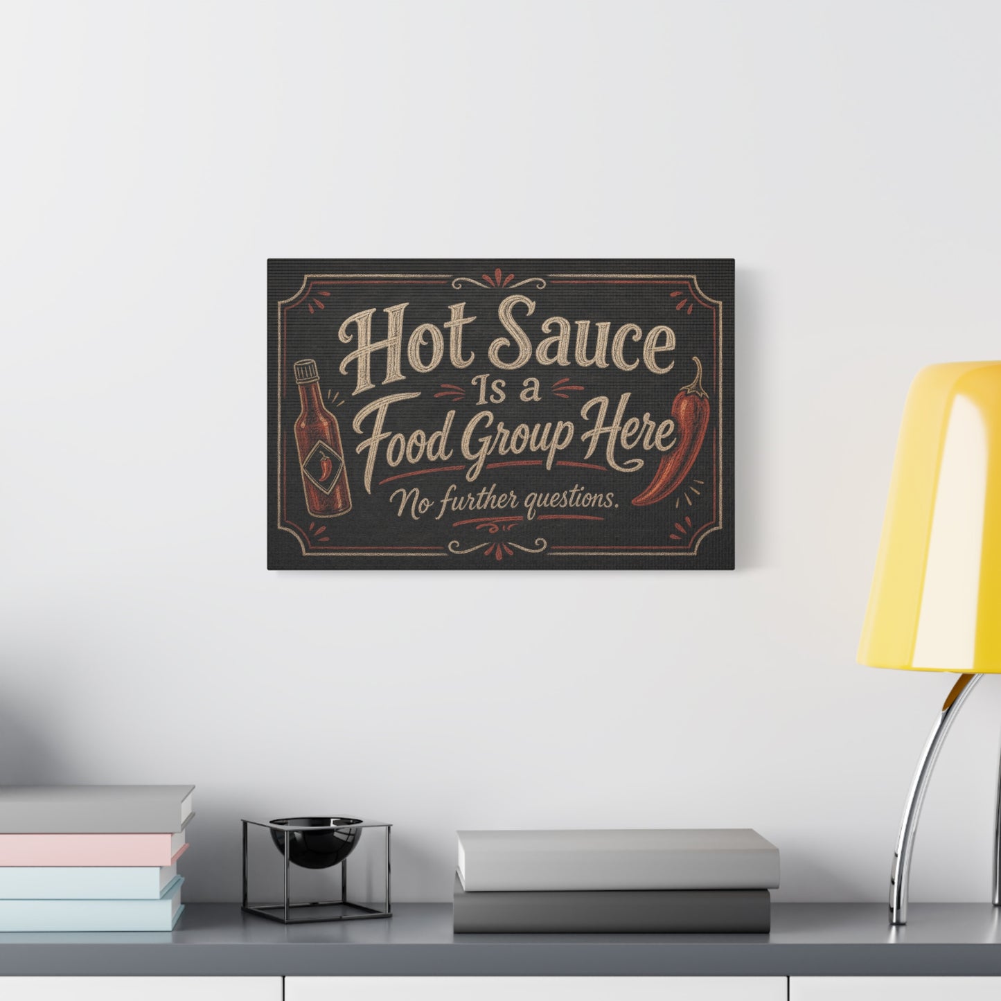 "Hot Sauce Is a Food Group Here No further questions." Canvas Wall Art - Chalkboard Kitchen Quote - Vintage Rustic Typography - Dining Room Wall Decor - Modern Farmhouse Style - Modern Farmhouse Style