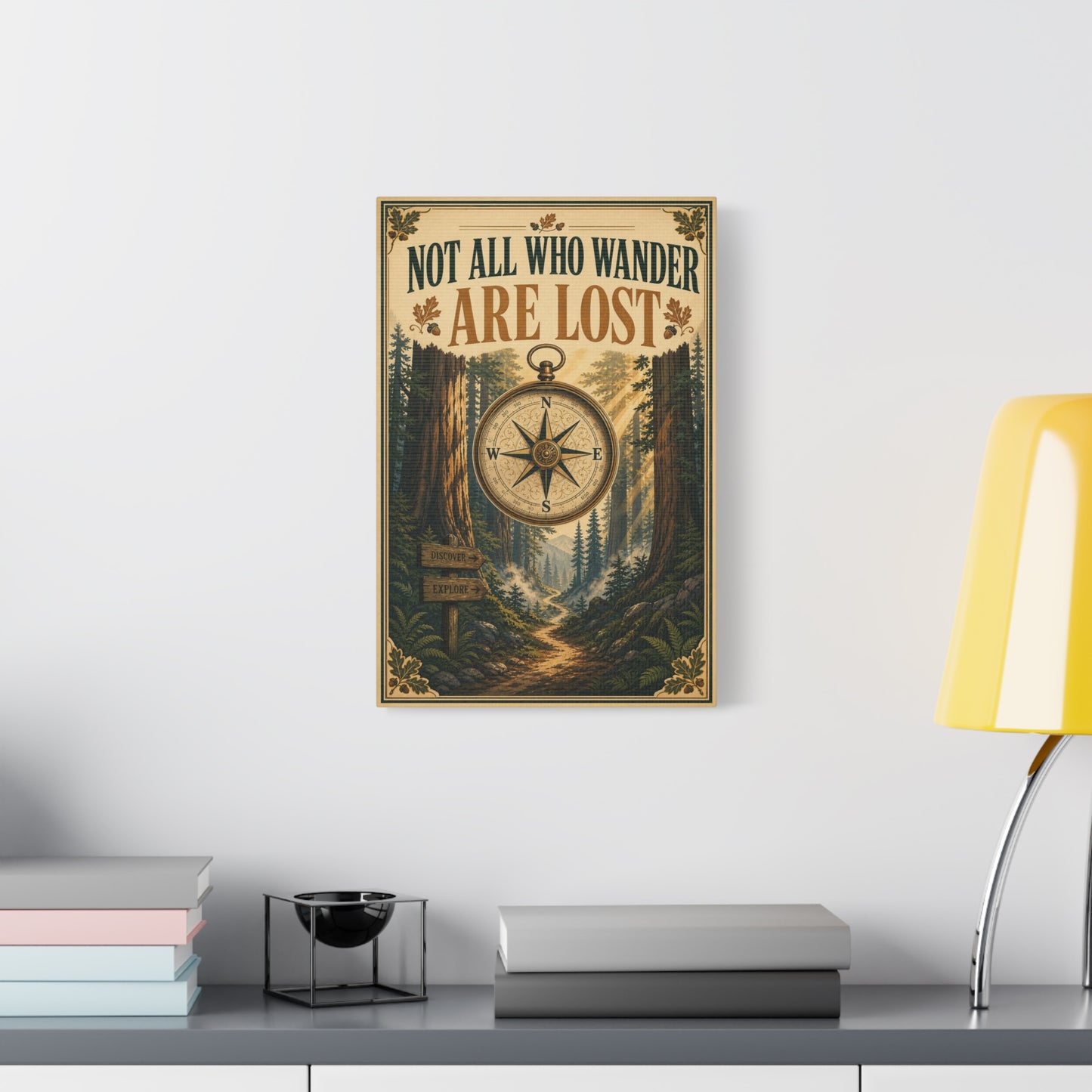 "Not All Who Wander Are Lost" Canvas Wall Art - Forest Compass Quote Print, Vintage Rustic Adventure Decor, Wanderlust Typography Poster Style, Living Room Bedroom Office - Living Room Wall Decor
