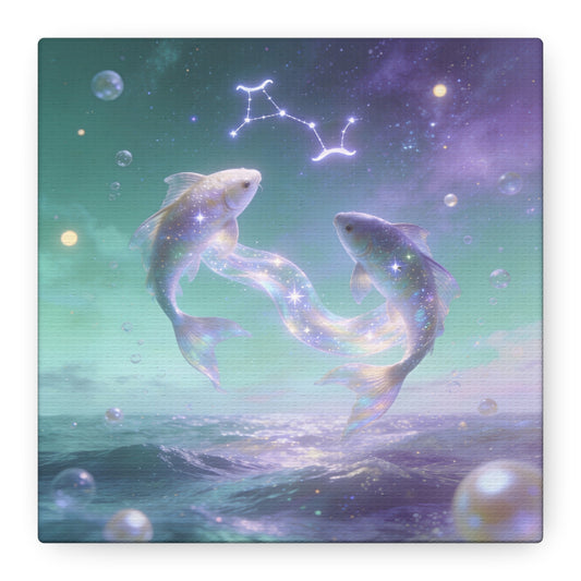 Pisces Fish Canvas Wall Art - Celestial Ocean Zodiac Illustration, Dreamy Aurora Nightscape, Matte Cotton Print, Mystical Bedroom Accent, Meditation Space Piece, Office Interior Style - Ready to Hang