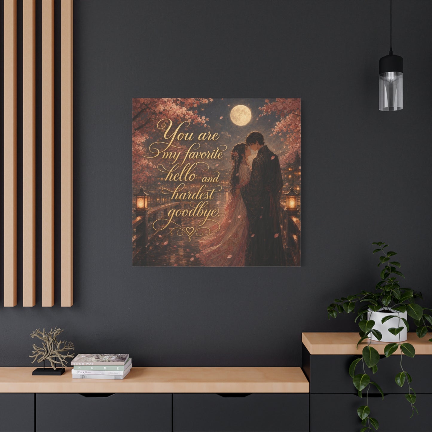 "You Are My Favorite Hello And Hardest Goodbye" Romantic Canvas Wall Art - Moonlit Cherry Blossom Couple, Gold Script Quote Print - Traditional Love Decor, Bedroom Wall Hanging - Cozy Reading Nook Art