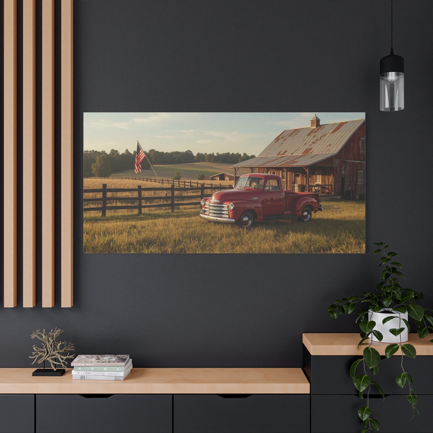 Red Vintage Pickup Truck Canvas Wall Art - Rustic Barn, American Flag Farm Landscape - Country Art Print, Traditional Style - Living Room Wall Decor, Office Art Accent - Modern Farmhouse Style