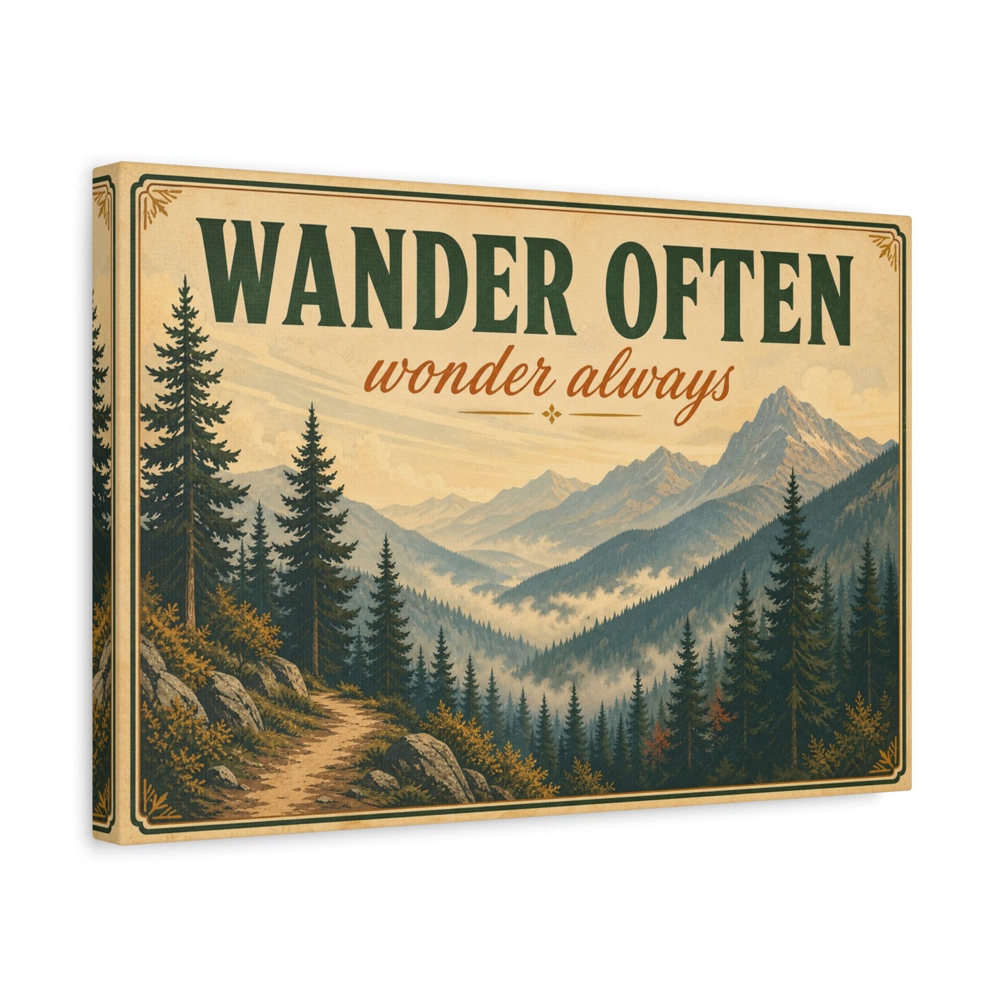 "Wander Often Wonder Always" Mountain Canvas Wall Art - Vintage Forest Landscape Quote Decor, Rustic Matte Print, Cabin Style Living Room Wall Decor, Bedroom Home Decoration - Bedroom Home Decoration