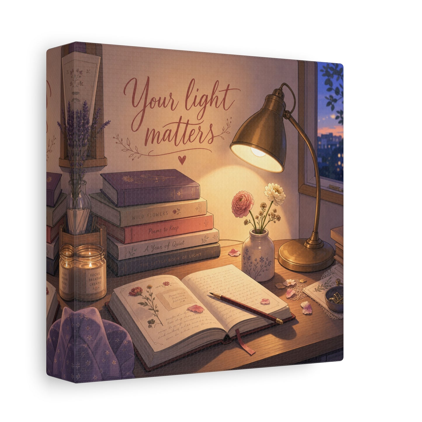 "Your Light Matters" Inspirational Canvas Wall Art - Cozy Desk Lamp Books Floral Print - Warm Vintage Bedroom Wall Decor - Reading Nook Home Decoration - Ready to Hang - Bedroom Home Decoration