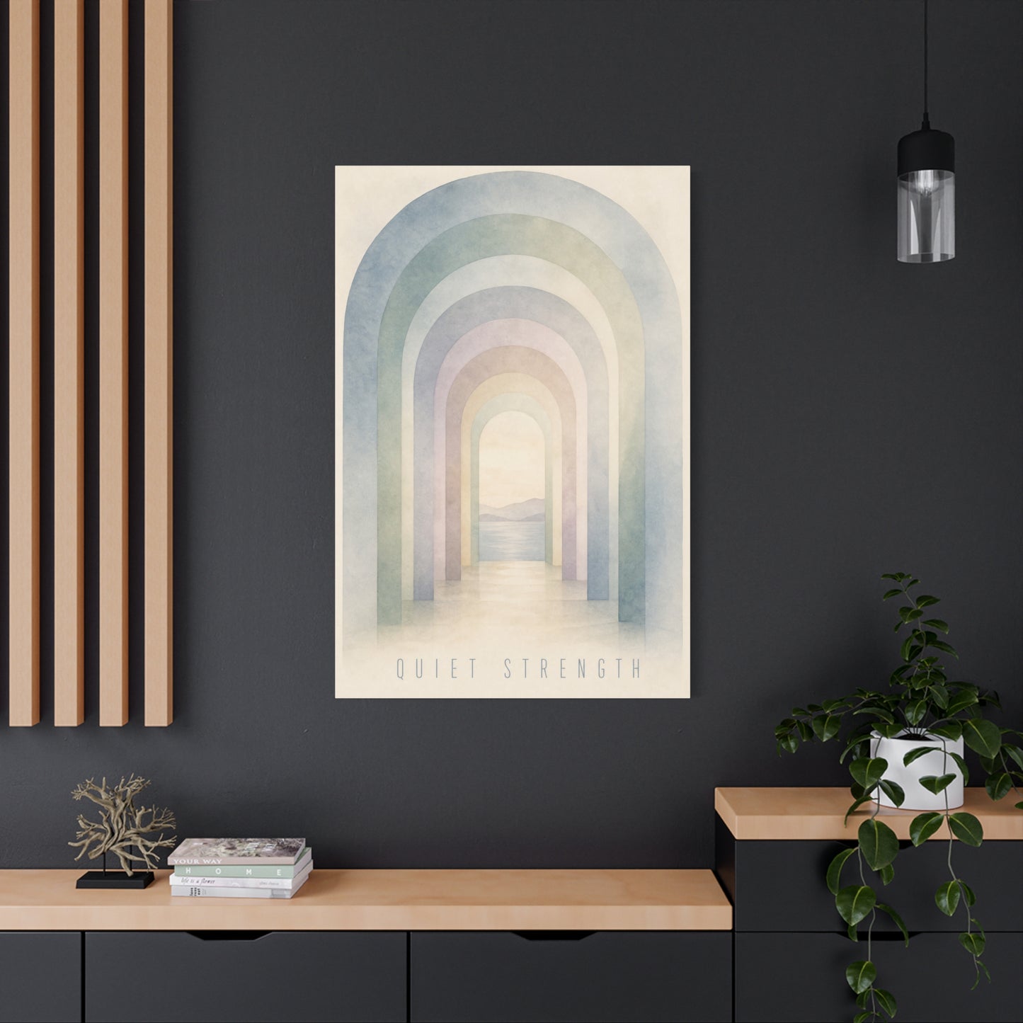 "Quiet Strength" Rainbow Arch Canvas Wall Art - Pastel Abstract Landscape Print, Minimalist Boho Home Decor - Serene Bedroom Wall Hanging, Nursery Room Decoration, Meditation Space - Ready to Hang