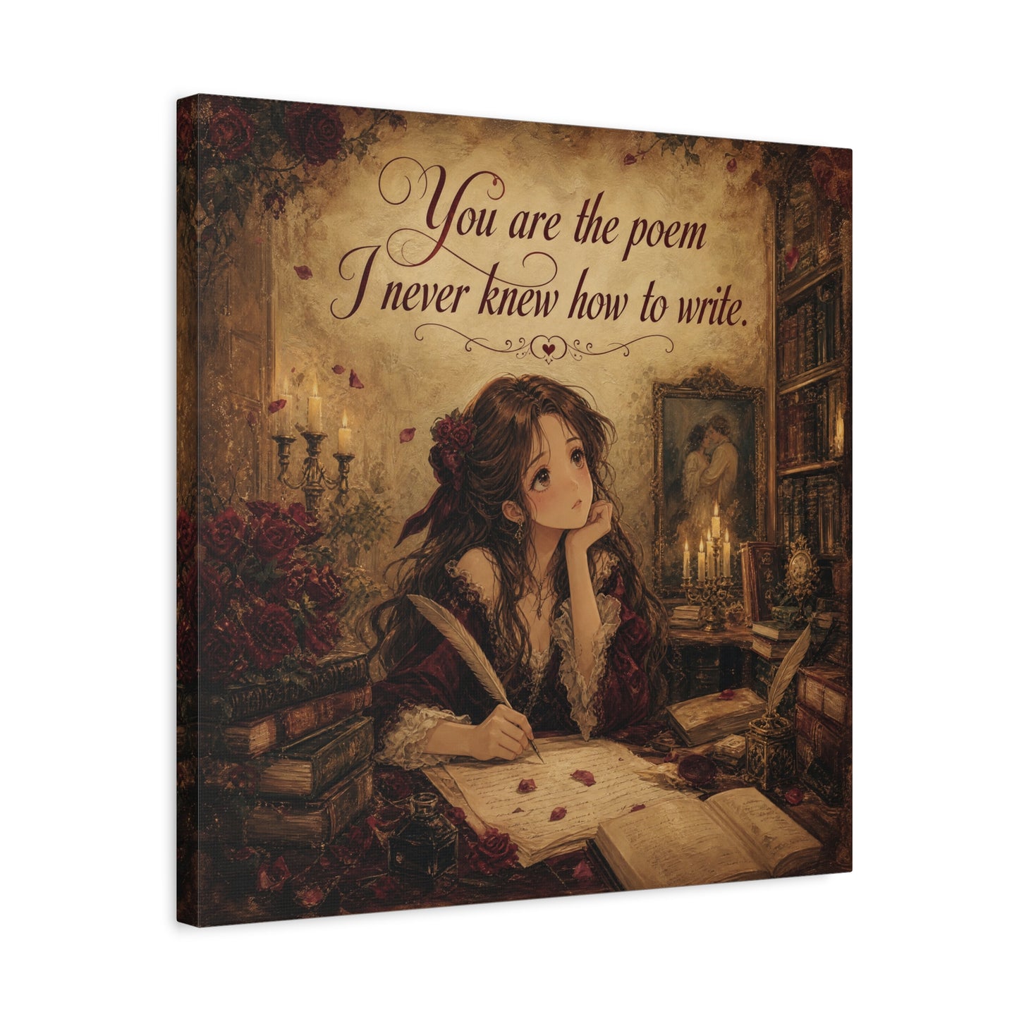 "You Are The Poem I Never Knew How To Write" Quote Canvas Wall Art - Romantic Gothic Library Girl Illustration - Vintage Brown Decor - Bedroom Wall Hanging, Teenager Room Decor - Ready to Hang