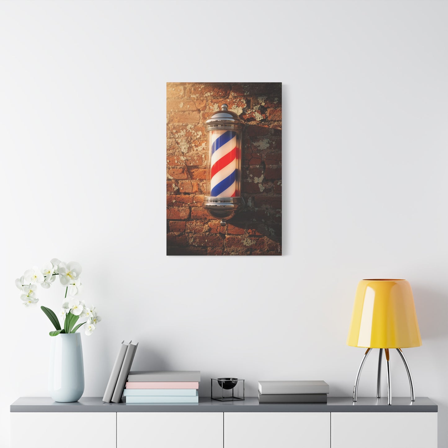 Vintage Barber Pole Canvas Wall Art - Rustic Brick Wall Art Print, Red Blue White Stripe Shop Decor - Matte Cotton Art Print - Barbershop Interior Accent, Lobby Workspace Styling - Ready to Hang