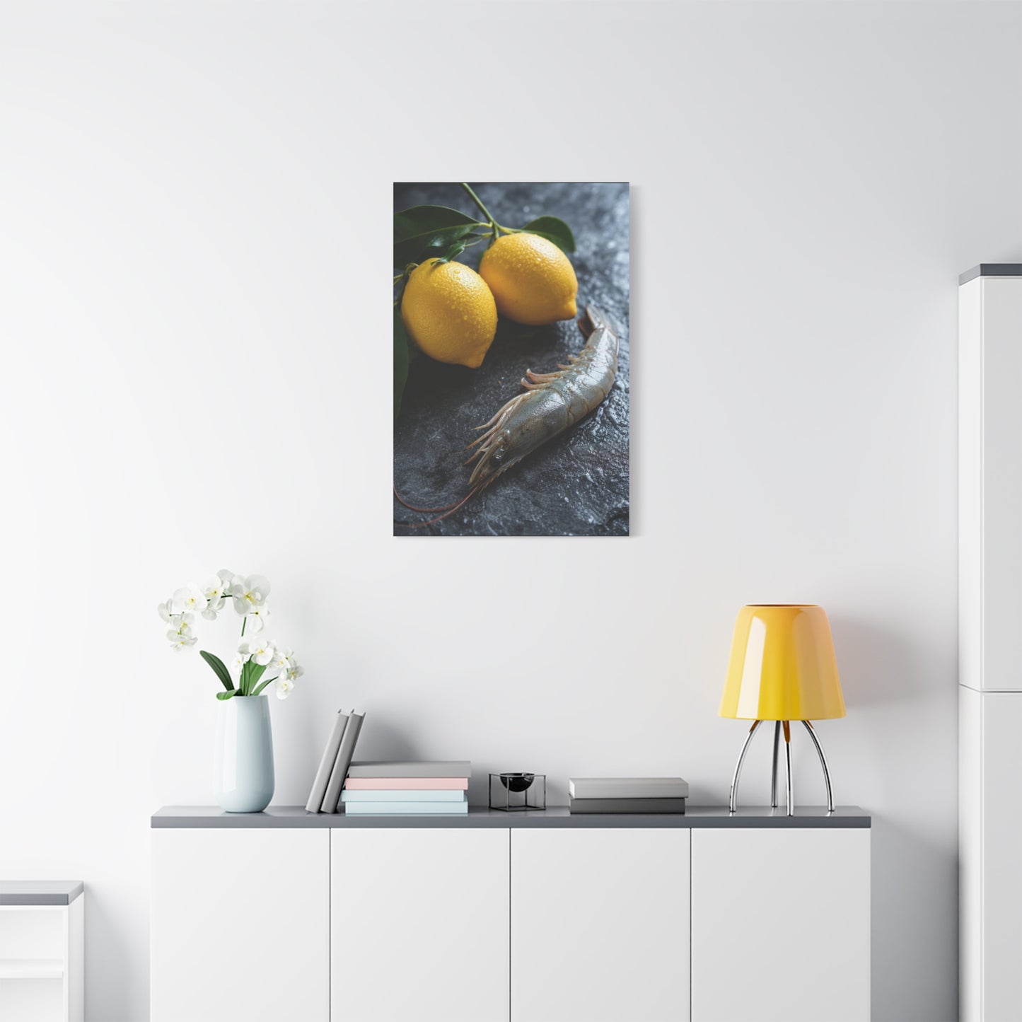 Lemon And Shrimp Canvas Wall Art - Still Life Food Art Print, Moody Kitchen Decor - Matte Cotton Art Print - Contemporary Dining Room Accent, Coastal Restaurant Wall Decor - Bedroom Home Decoration
