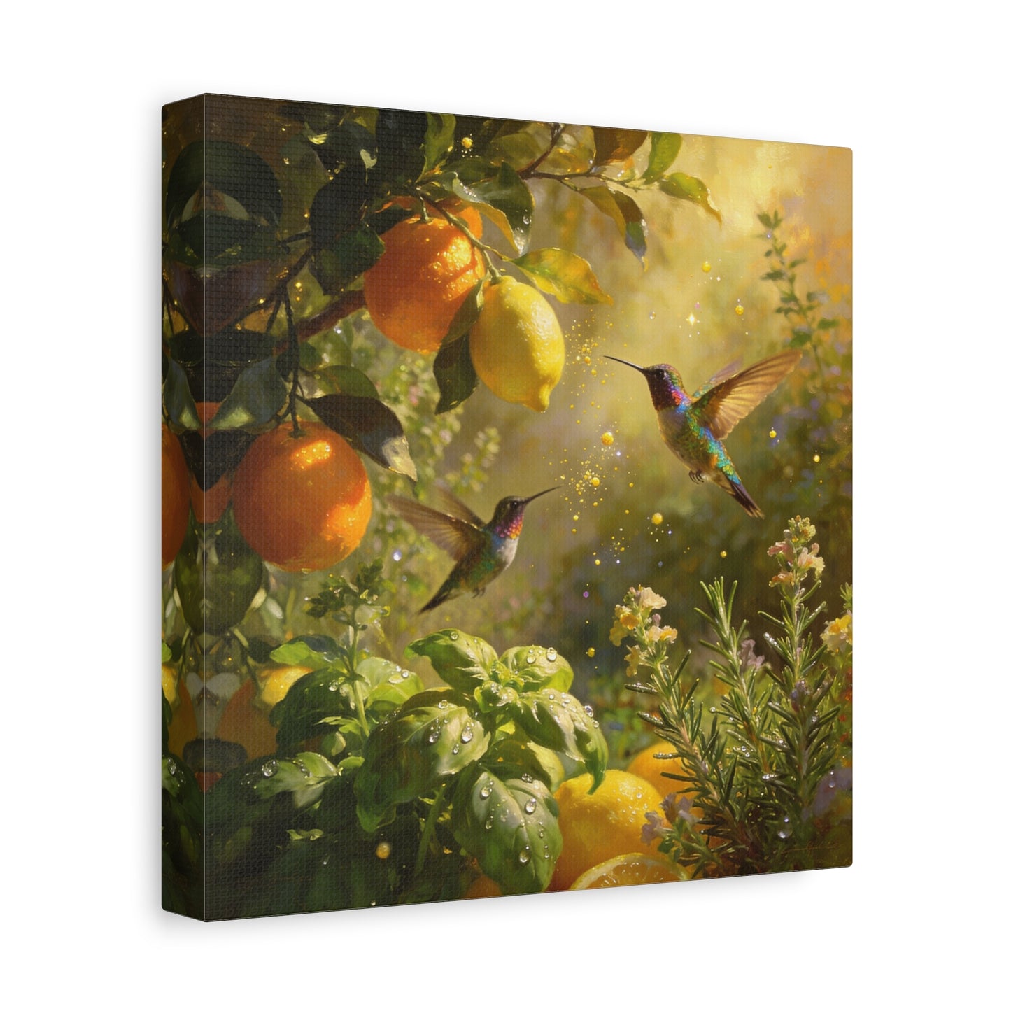 Hummingbird Citrus Canvas Wall Art - Lemon Orange Botanical Garden Print - Golden Light, Nature Home Decor, Living Room Wall Decor, Bedroom Home Decoration, Matte Finish Canvas - Cozy Reading Nook Art