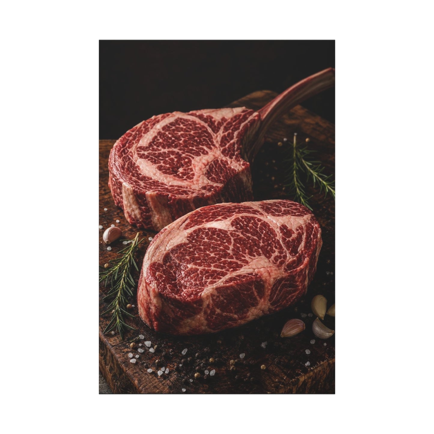 Raw Ribeye Steak Canvas Wall Art - Rustic Food Art Print, Butcherhouse Kitchen Decor, Cotton Art Print, Moody Culinary Still Life - Dining Room Accent, Restaurant Wall Decor - Modern Farmhouse Style