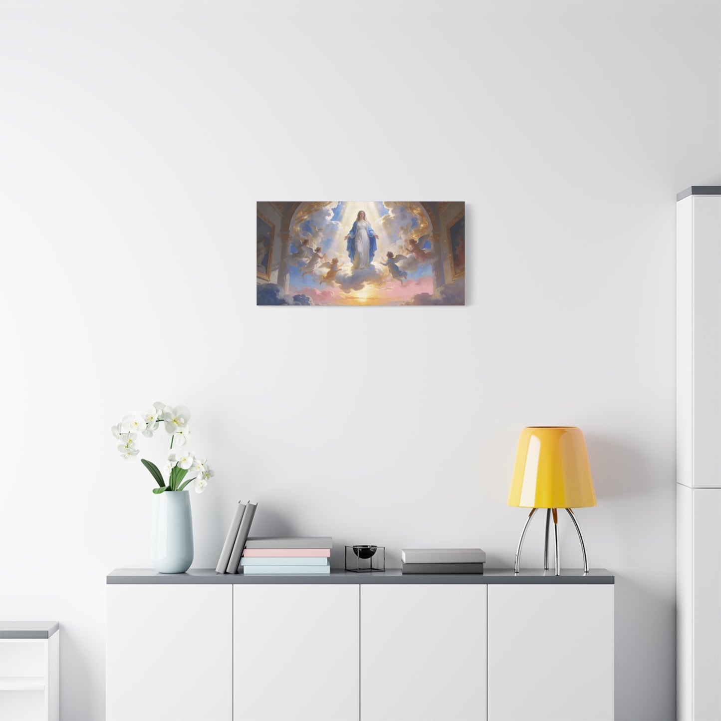 Virgin Mary Canvas Wall Art - Heavenly Religious Painting With Angels, Blue And Gold Clouds - Matte Cotton Canvas Print - Traditional Sacred Style For Bedroom Living Room Decor - Office Wall Art