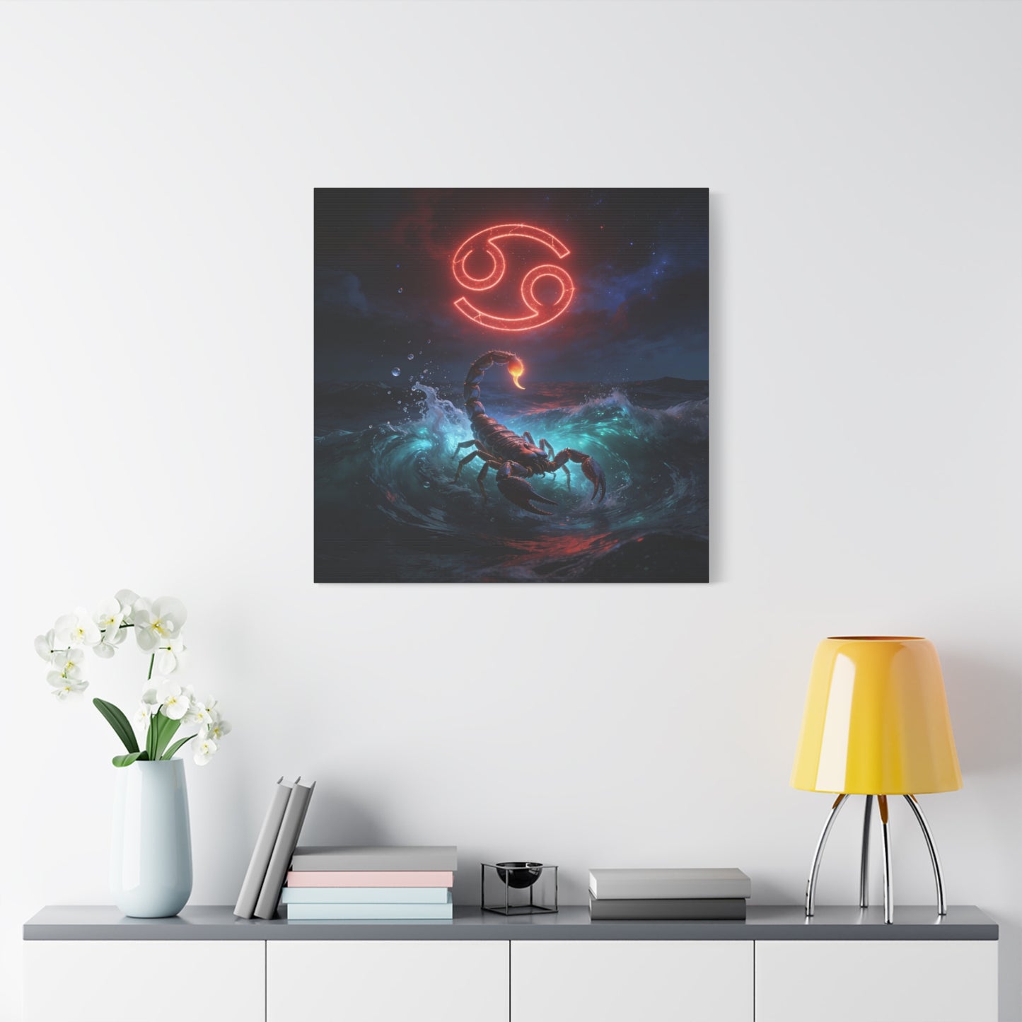 Cancer Zodiac Canvas Wall Art - Neon Crab Ocean Astrology Print, Celestial Night Seascape, Matte Canvas Decor, Bedroom Home Decoration, Living Room Wall Decor, Modern Space Style - Ready to Hang