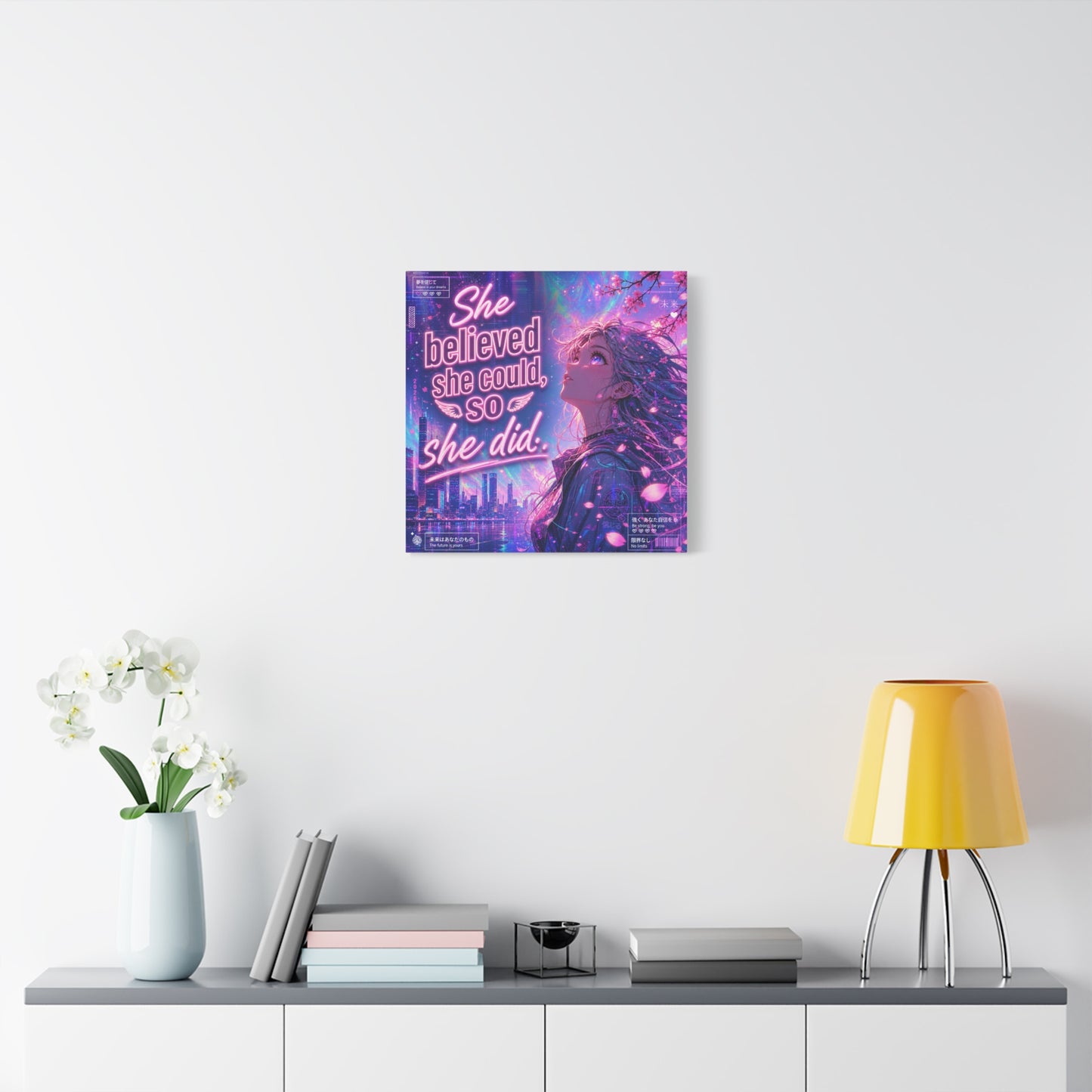 "She Believed She Could, So She Did" Anime Girl Canvas Wall Art - Neon Sakura Cityscape, Inspirational Typography Print - Contemporary Bedroom Wall Decor, Teenager Room Decor - Bedroom Home Decoration