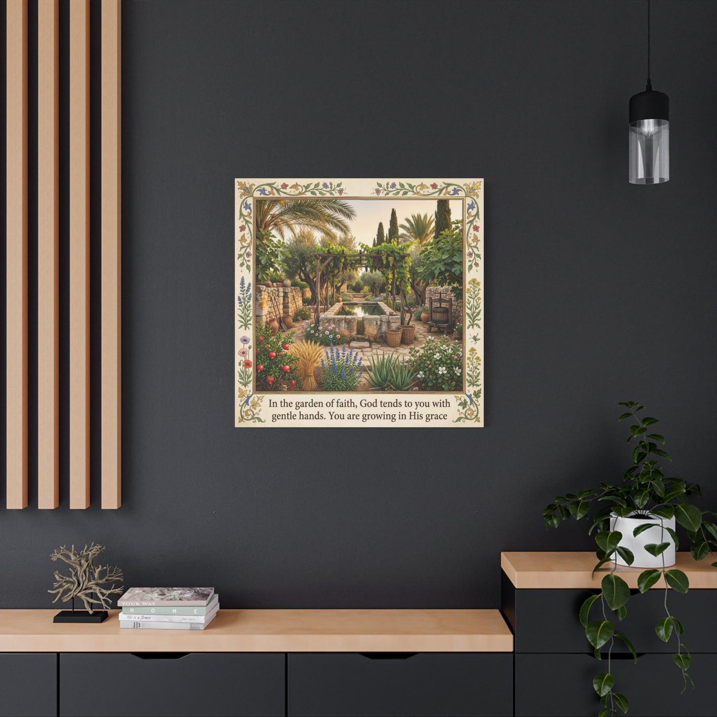 "In The Garden Of Faith, God Tends To You" Canvas Wall Art - Biblical Garden Scripture Print, Floral Border, Rustic Mediterranean Courtyard Scene - Christian Home Decor For Living Room - Ready to Hang