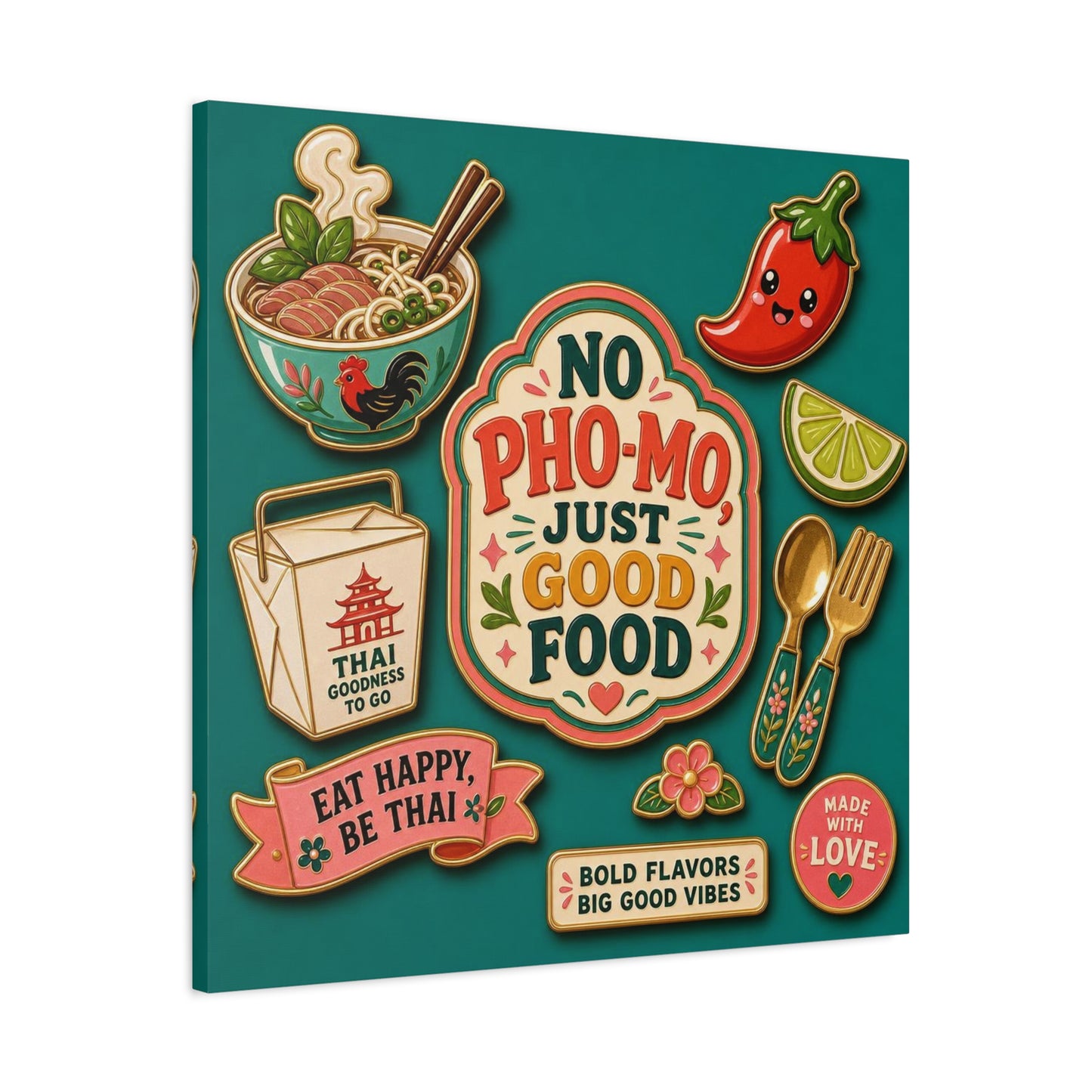 "No Pho-Mo Just Good Food" Canvas Wall Art - Thai Food Quote Kitchen Decor - Colorful Illustration Print, Retro Typography Style - Dining Room Accent, Cafe Wall Decor - Bedroom Home Decoration