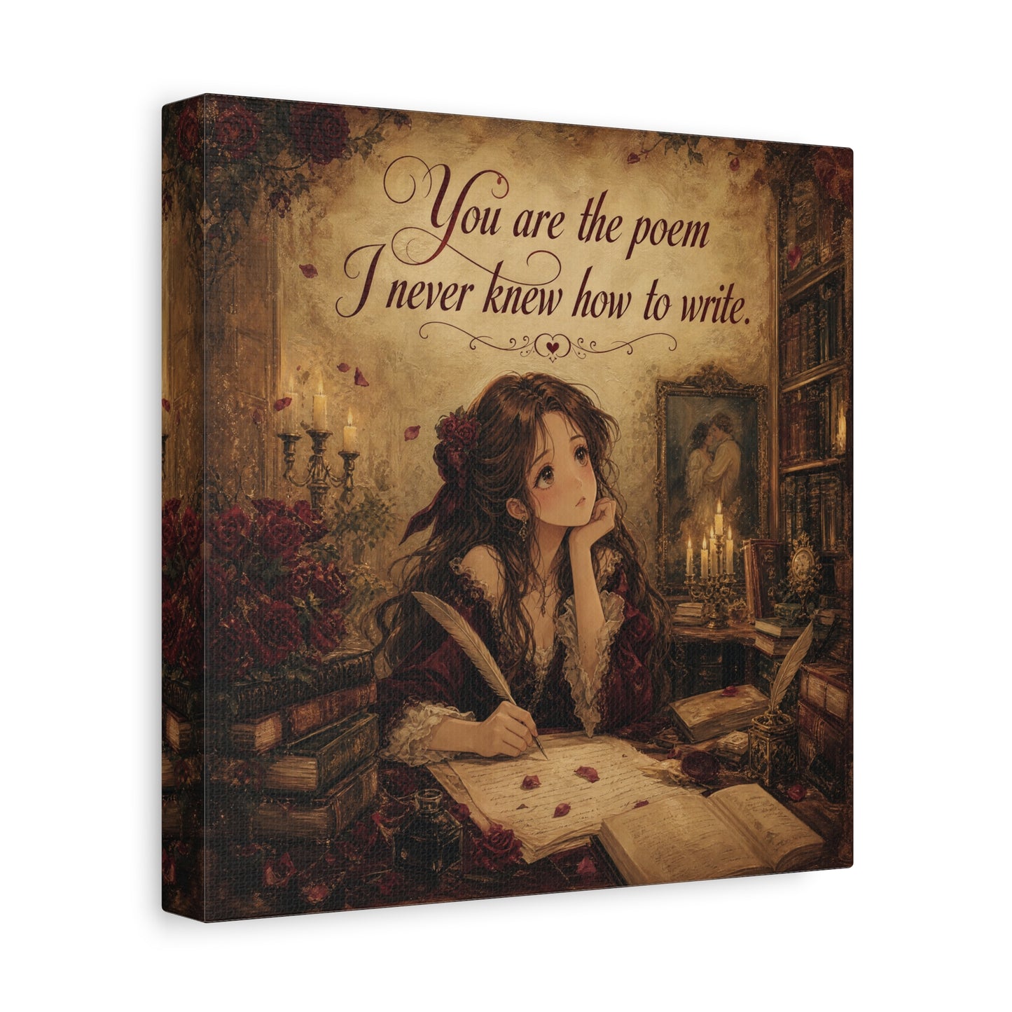 "You Are The Poem I Never Knew How To Write" Quote Canvas Wall Art - Romantic Gothic Library Girl Illustration - Vintage Brown Decor - Bedroom Wall Hanging, Teenager Room Decor - Ready to Hang