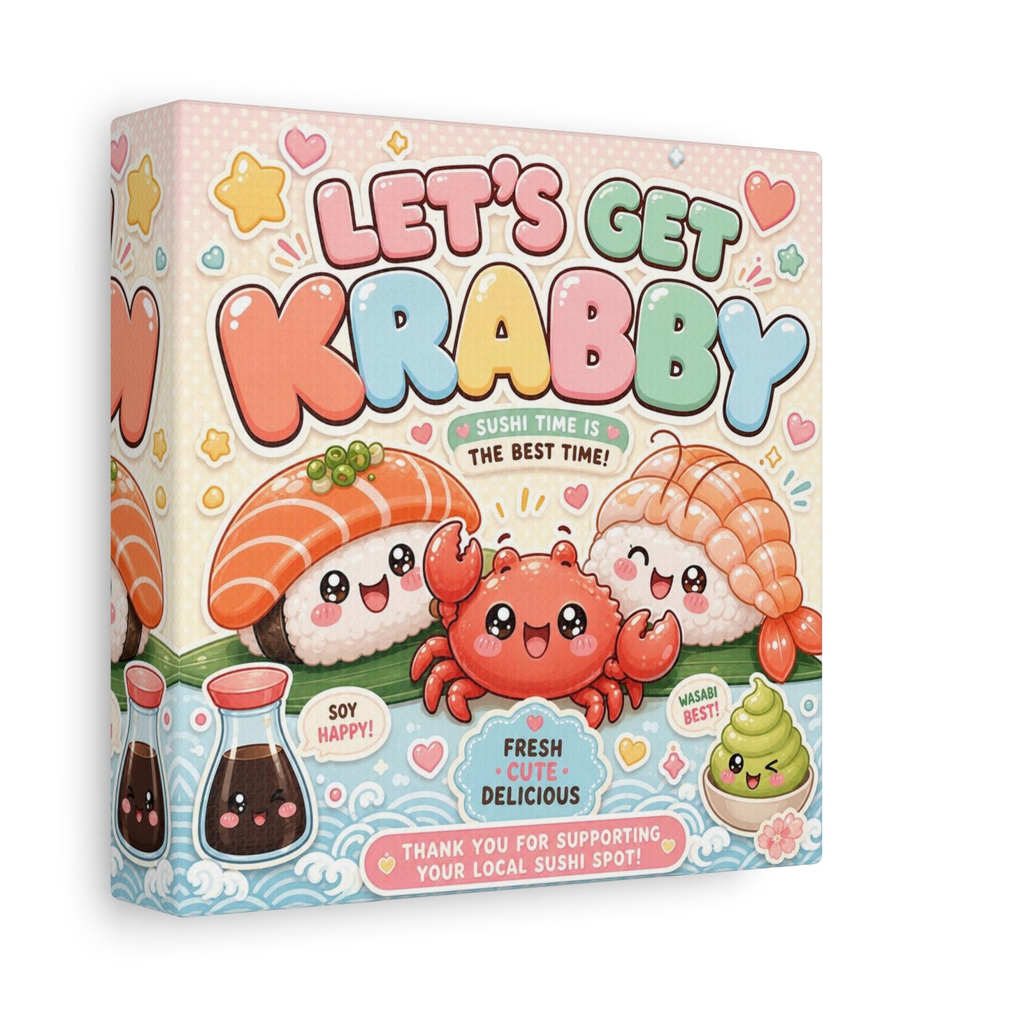 "Let's Get Krabby" Sushi Quote Canvas Wall Art - Kawaii Salmon Nigiri Shrimp Crab Illustration - Pastel Typography - Cafe Wall Decor, Restaurant Wall Hanging, Cute Food Sign - Reception Area Decor