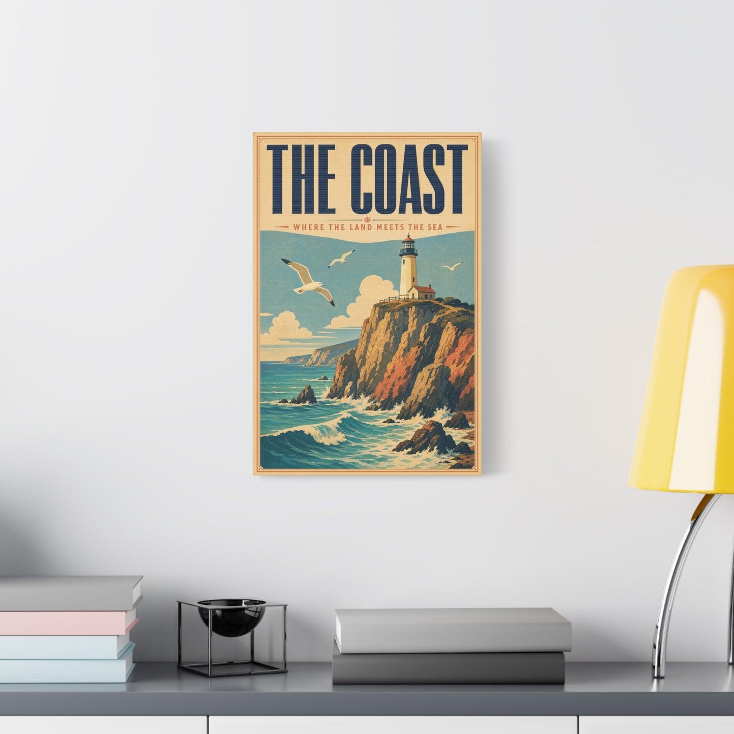 "The Coast Where The Land Meets The Sea" Canvas Wall Art - Vintage Lighthouse Seascape, Coastal Cliff Poster Style Print - Nautical Wall Decor, Beach House Living Room Decoration - Ready to Hang