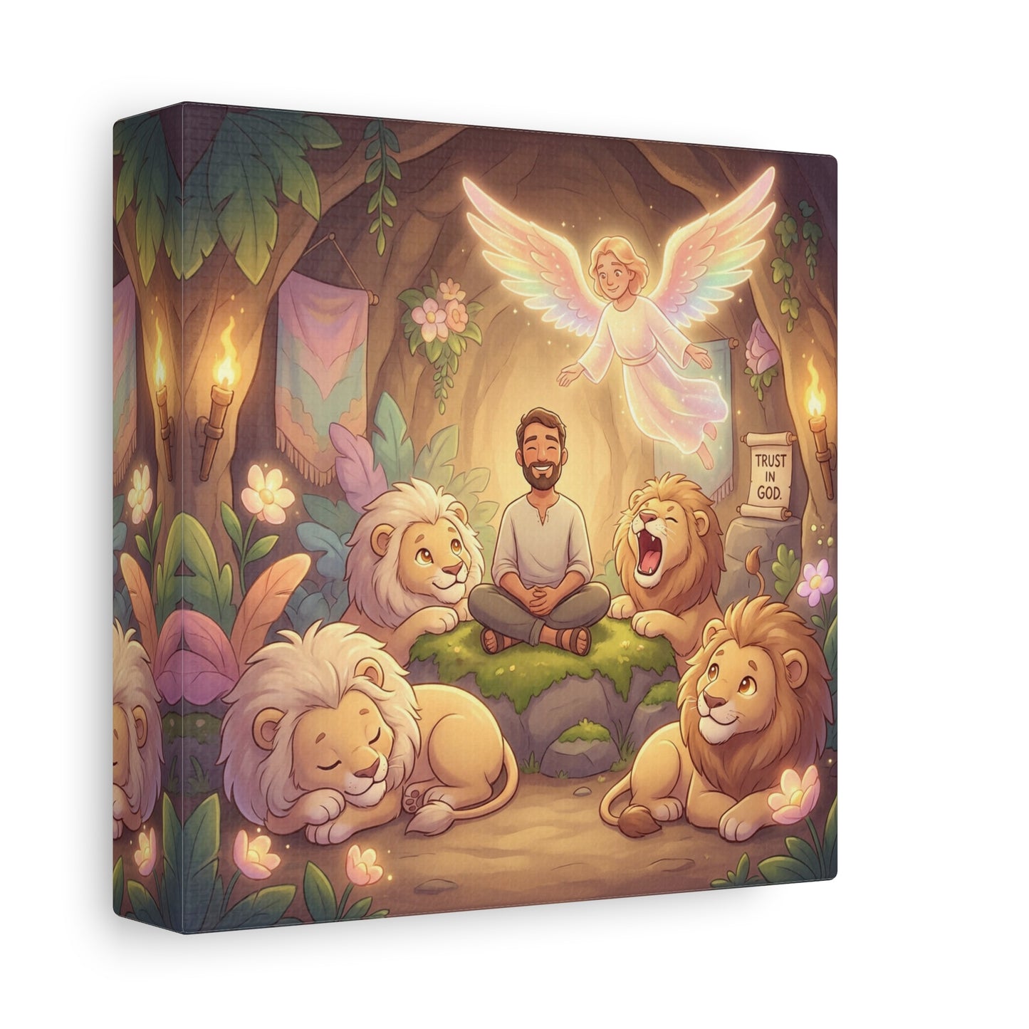 "Trust In God" Christian Canvas Wall Art - Angel, Man With Lions Cave Scene - Pastel Nursery Decor, Matte Cotton Print - Kids Bedroom Wall Decor, Playroom Home Decoration - Ready to Hang