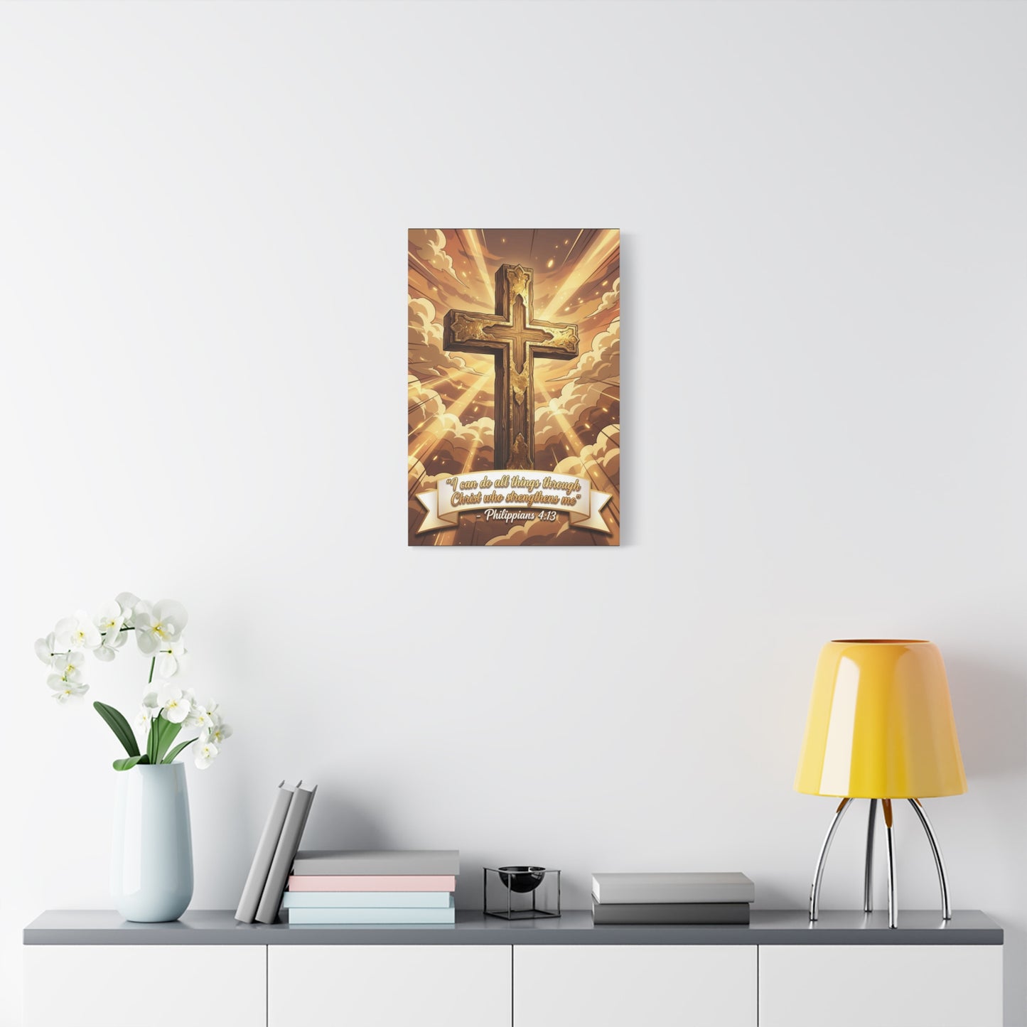 "I Can Do All Things Through Christ Who Strengthens Me" Cross Canvas Wall Art - Philippians 4:13 Scripture Decor, Golden Sky Christian Home Accent, Traditional Bedroom Living Room Decoration
