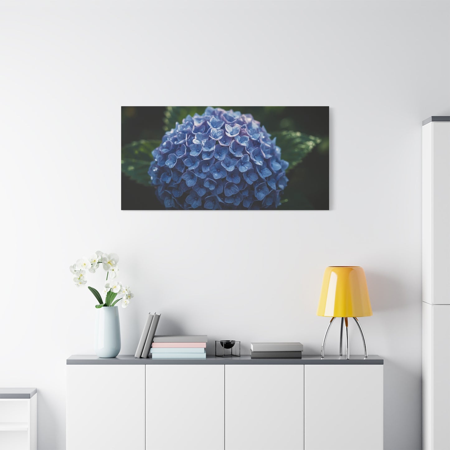Blue Hydrangea Canvas Wall Art - Botanical Floral Close Up Art Print - Matte Cotton Art Print, Moody Garden Style - Bedroom Wall Decor, Bathroom Accent, Spa Inspired Home Decoration - Ready to Hang