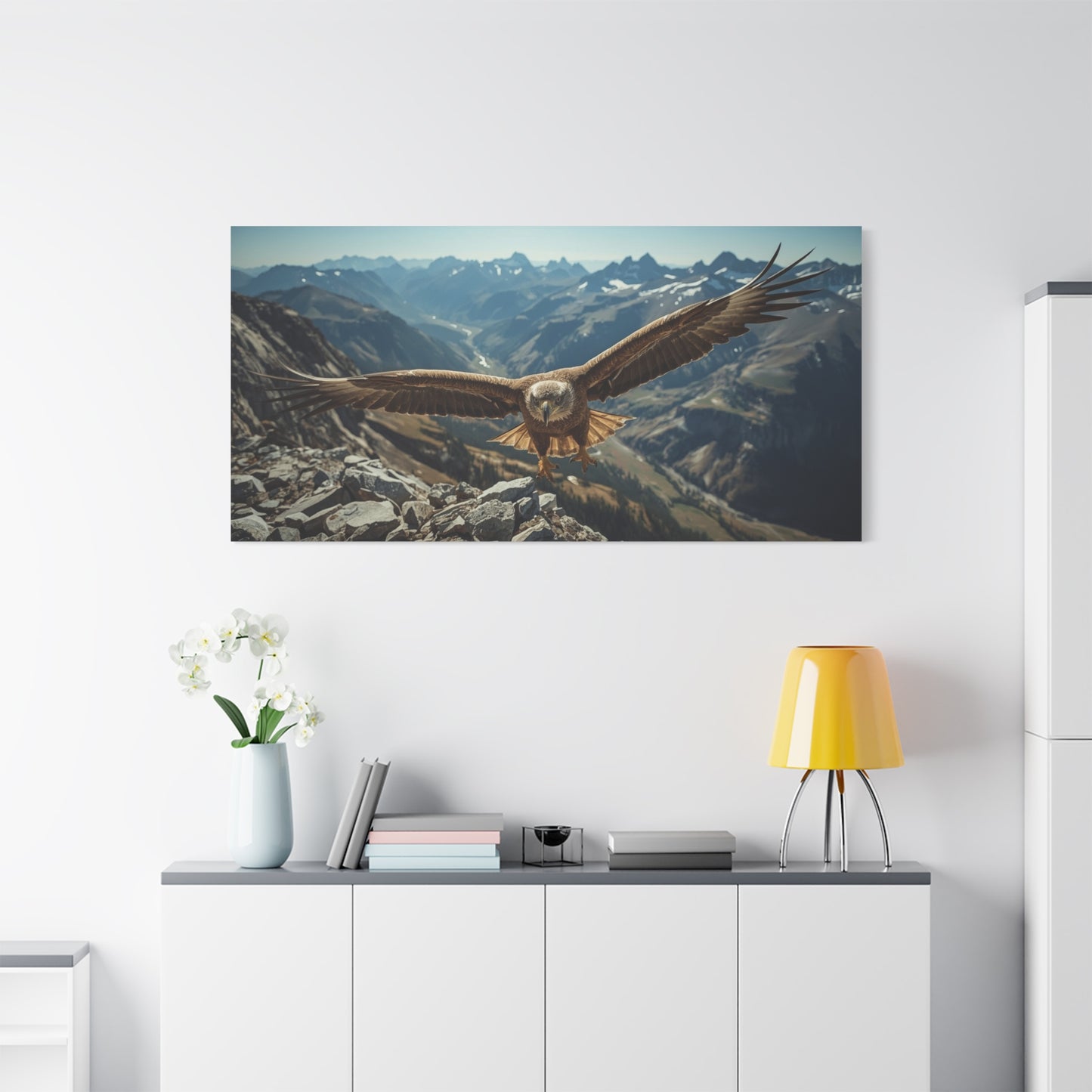 Golden Eagle Canvas Wall Art - Mountain Wildlife Landscape, Alpine Valley Bird Print - Matte Cotton Art Print, Rustic Contemporary Style - Living Room Wall Decor, Office Accent - Ready to Hang