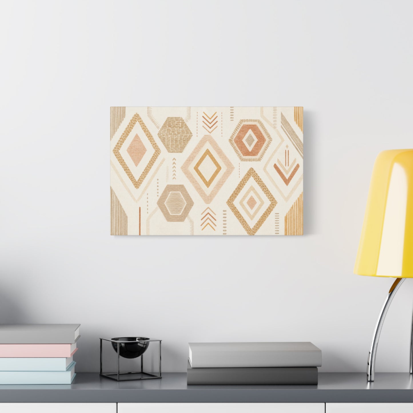 Neutral Geometric Canvas Wall Art - Boho Diamond And Hexagon Abstract Pattern - Beige Terracotta Modern Decor - Minimalist Living Room Decoration, Bedroom Accent, Contemporary Office Style