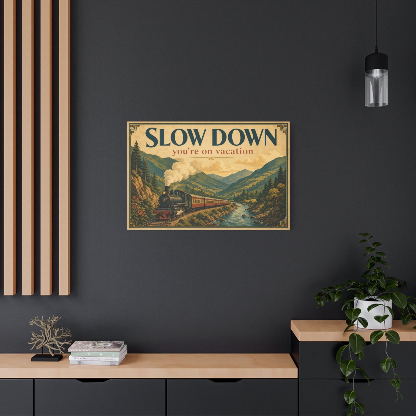 "Slow Down You're On Vacation" Vintage Train Canvas Wall Art - Mountain River Travel Poster Style, Retro Landscape Home Decor - Rustic Cabin Living Room Decoration, Vacation Rental Accent
