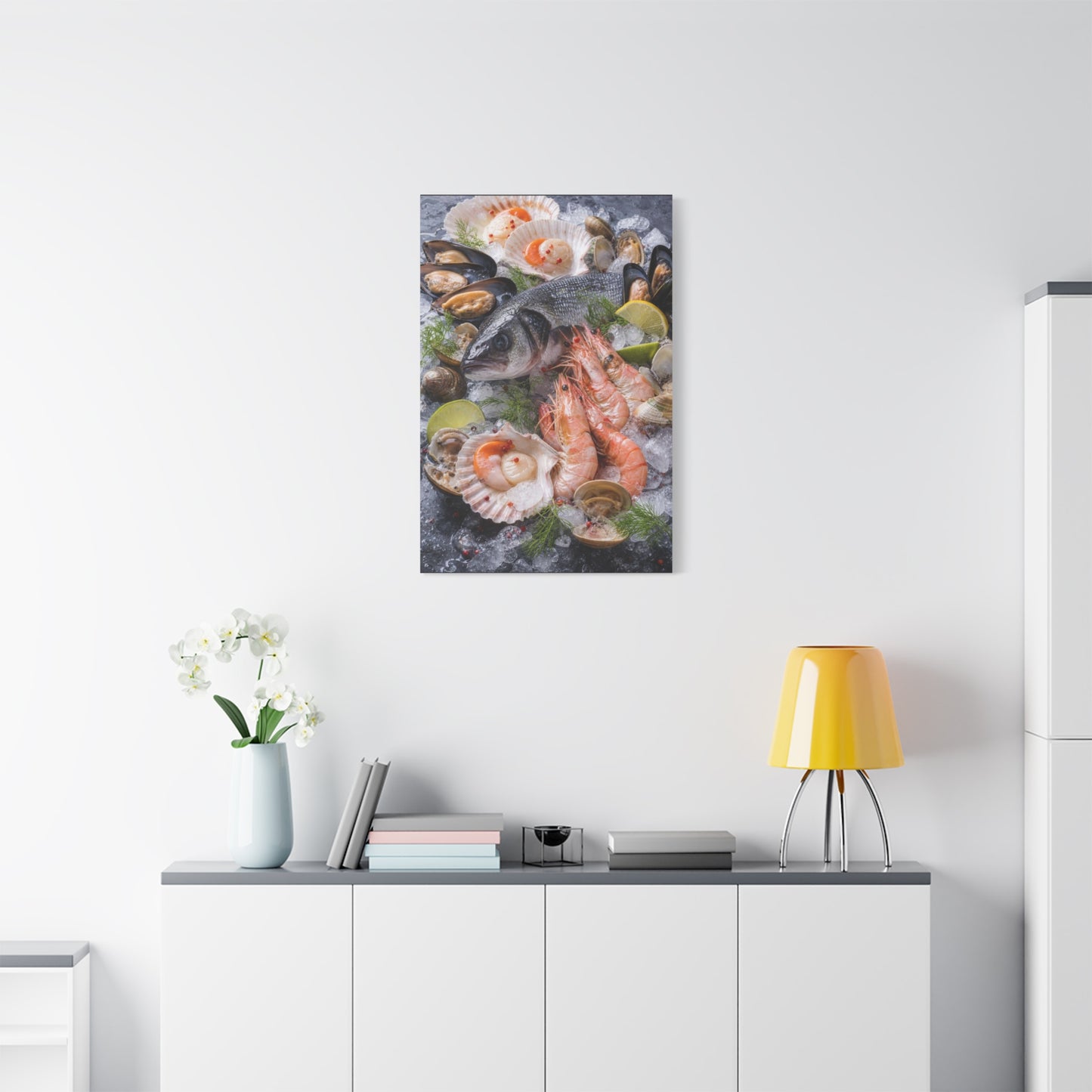 Seafood Still Life Canvas Wall Art - Fish, Shrimp, Scallops On Ice Food Print - Coastal Kitchen Decor, Dining Room Wall Decor, Contemporary Home Decoration, Matte Canvas Print - Modern Farmhouse Style