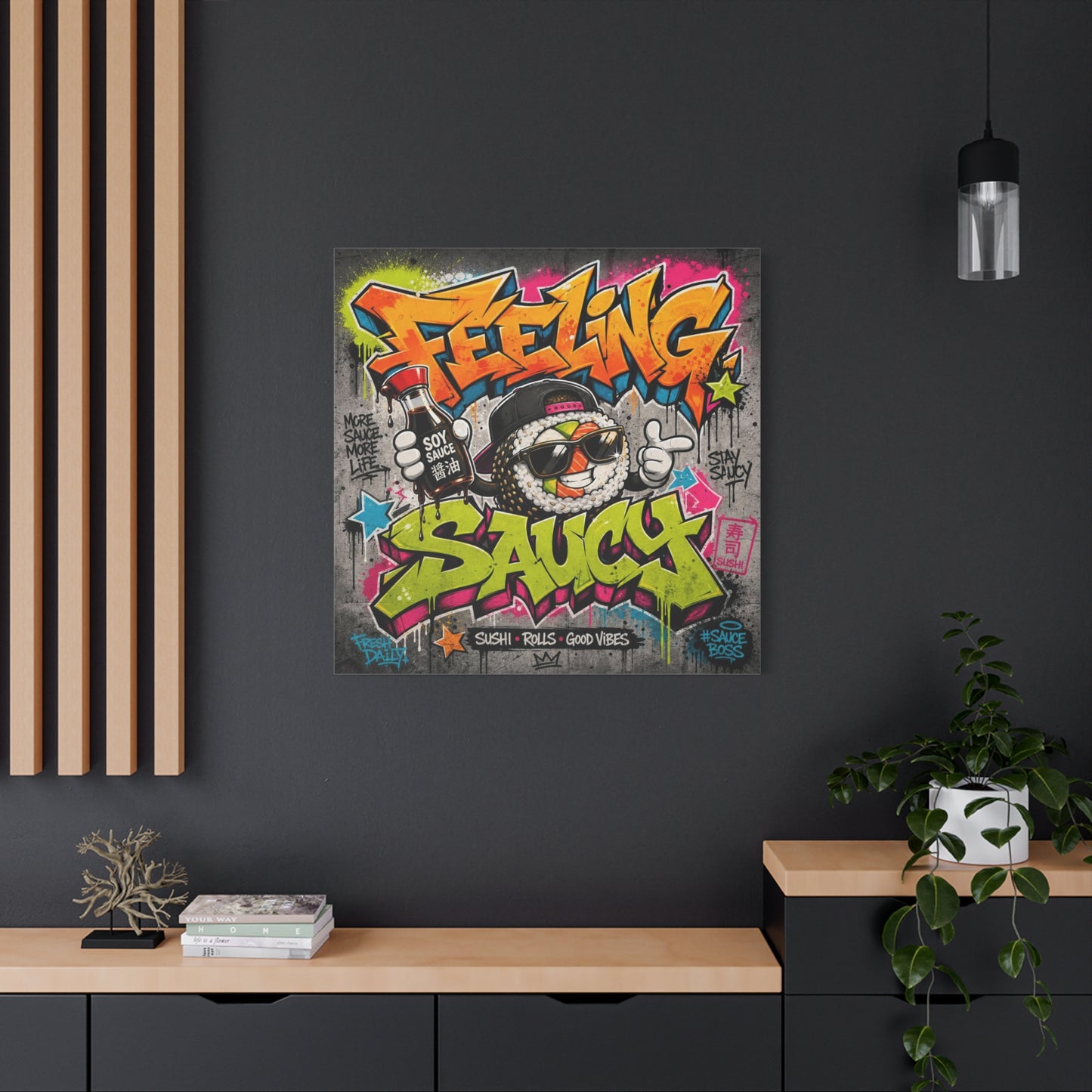 "Feeling Sauce" Graffiti Canvas Wall Art - Sushi Roll Street Illustration, Urban Pop Typography, Matte Cotton Print, Contemporary Decor for Kitchen Nook, Dining Space, Cafe Interior Accent
