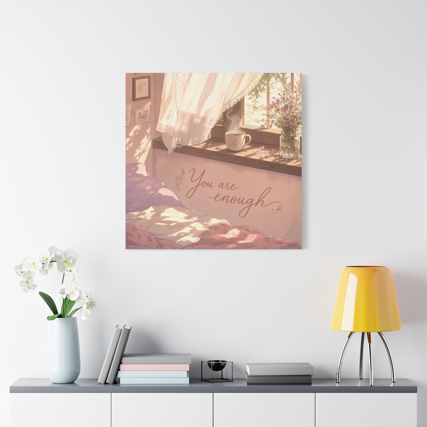 "You Are Enough" Inspirational Canvas Wall Art - Sunlit Bedroom Window Flowers, Cozy Pink Cottagecore Decor - Matte Affirmation Print - Bedroom Home Decoration, Teen Room Accent - Office Wall Art