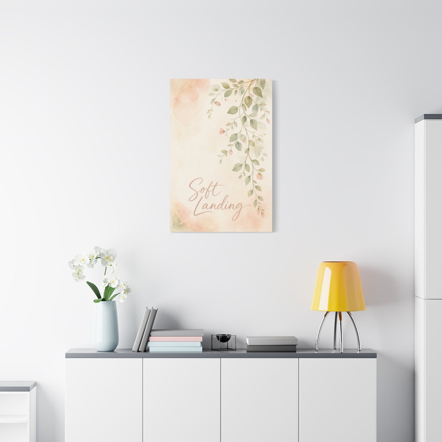 "Soft Landing" Botanical Canvas Wall Art - Watercolor Leaf Branch Quote Print - Blush Sage Floral Typography Decor - Bedroom Wall Hanging - Bedroom Home Decoration - Modern Farmhouse Style