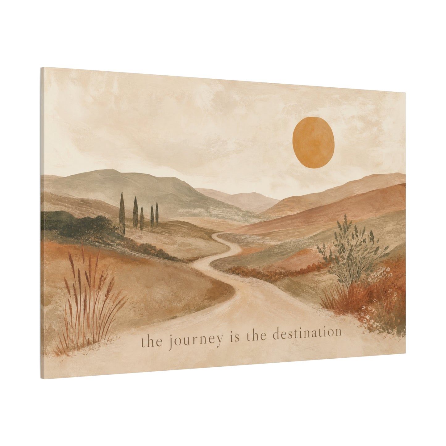 "The Journey Is The Destination" Landscape Canvas Wall Art - Desert Hills, Winding Path, Terracotta Sun - Minimalist Typography Print - Bedroom Wall Decor, Living Room Home Decoration - Ready to Hang