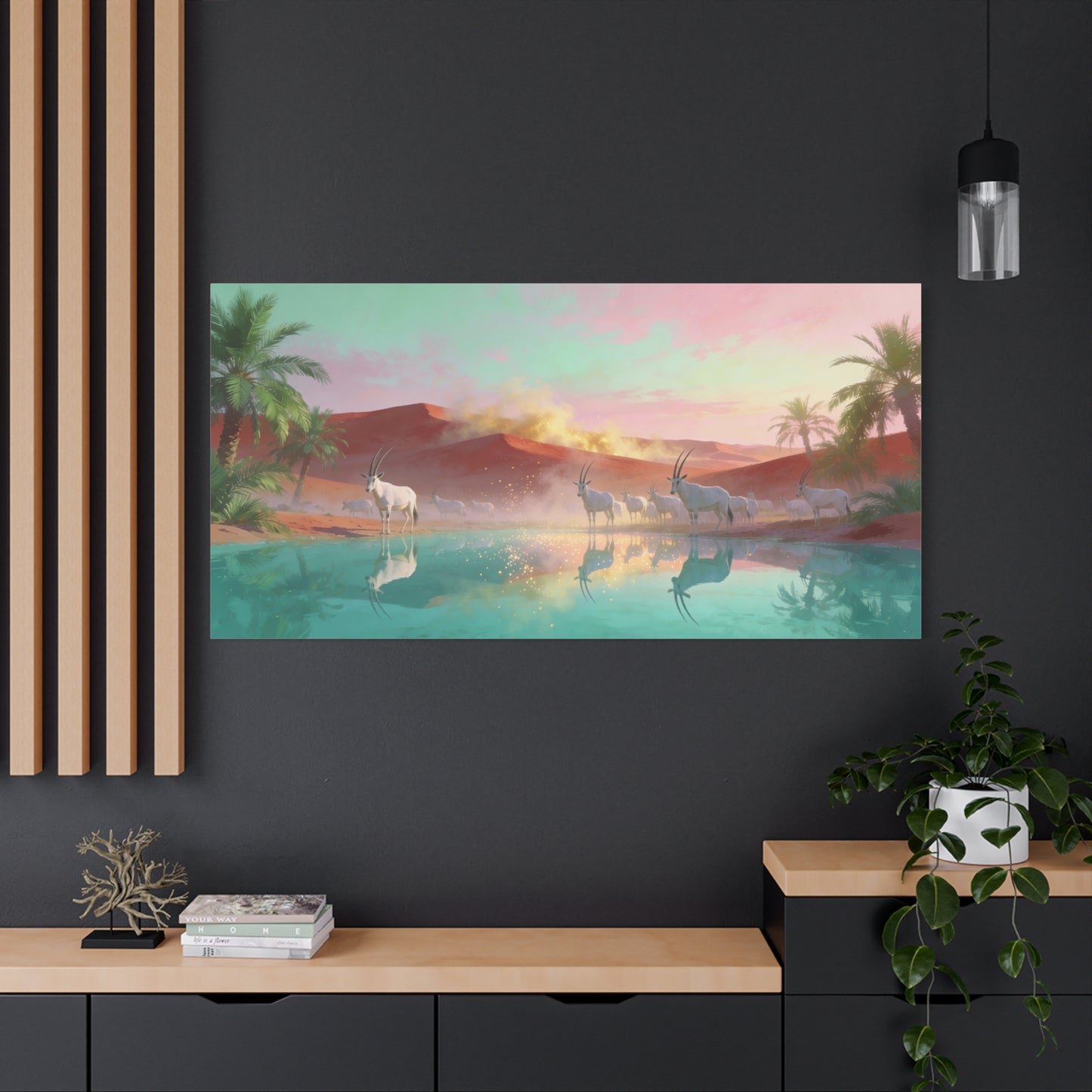 Desert Oasis Oryx Canvas Wall Art - Antelope Lake Reflection, Palm Dunes - Dreamy Surreal Cotton Print - Contemporary Landscape Style - Living Room Wall Decor, Bedroom Accent - Bedroom Home Decoration