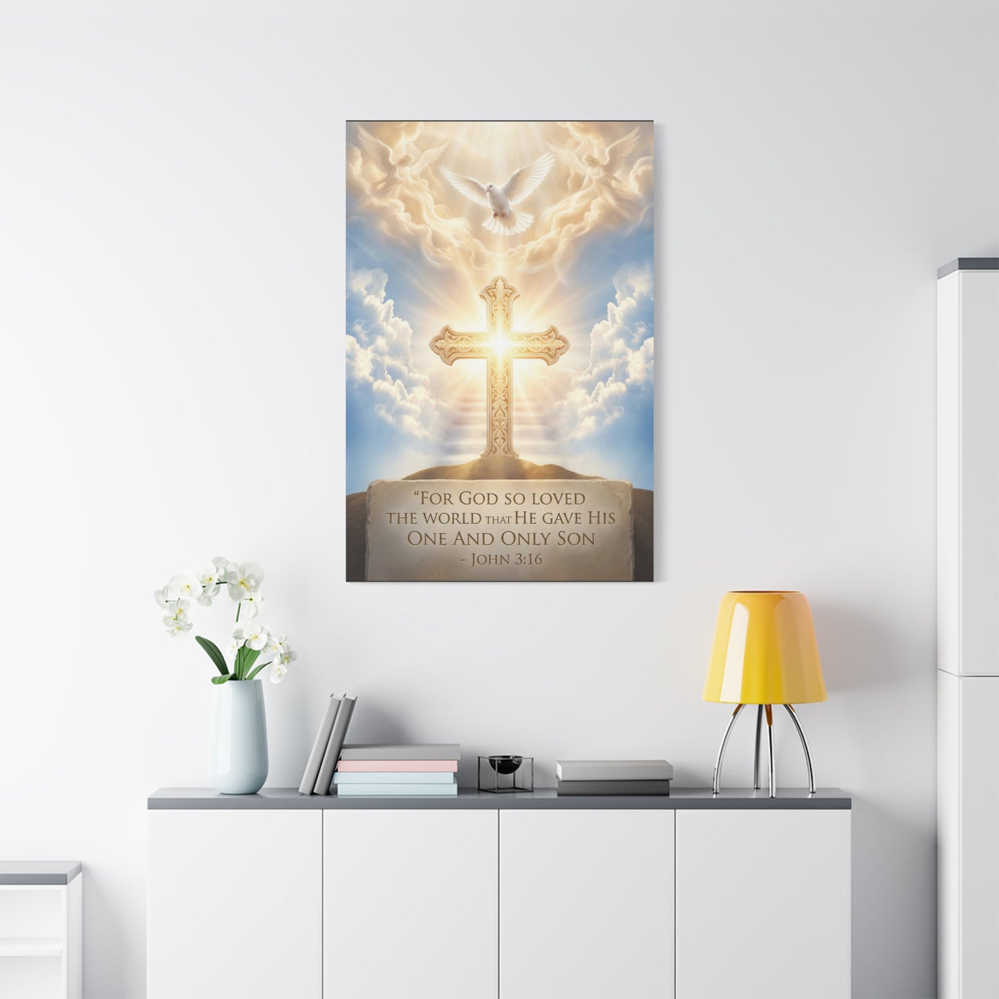 "For God So Loved The World That He Gave His One And Only Son" Christian Canvas Wall Art - Glowing Cross, Dove And Angels - Traditional Religious Wall Decor - Bedroom Living Room - Ready to Hang