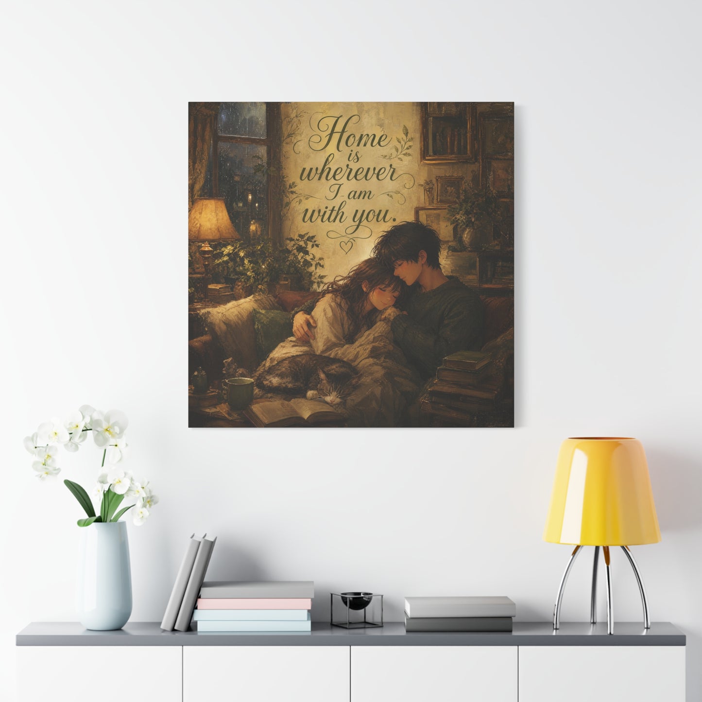 "Home Is Wherever I Am With You." Couple Canvas Wall Art - Romantic Cozy Reading Nook Quote Print - Vintage Warm Lamplight Style - Living Room Wall Decor, Bedroom Home Decoration - Ready to Hang