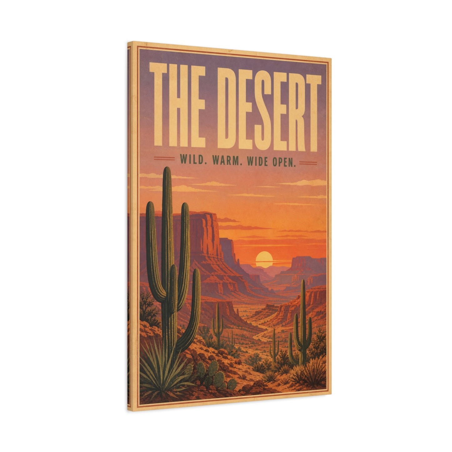 "The Desert" Wild. Warm. Wide Open. Desert Canvas Wall Art - Vintage Saguaro Sunset Canyon Landscape Print - Southwestern Wall Decor - Living Room Home Decoration, Office Accent - Ready to Hang