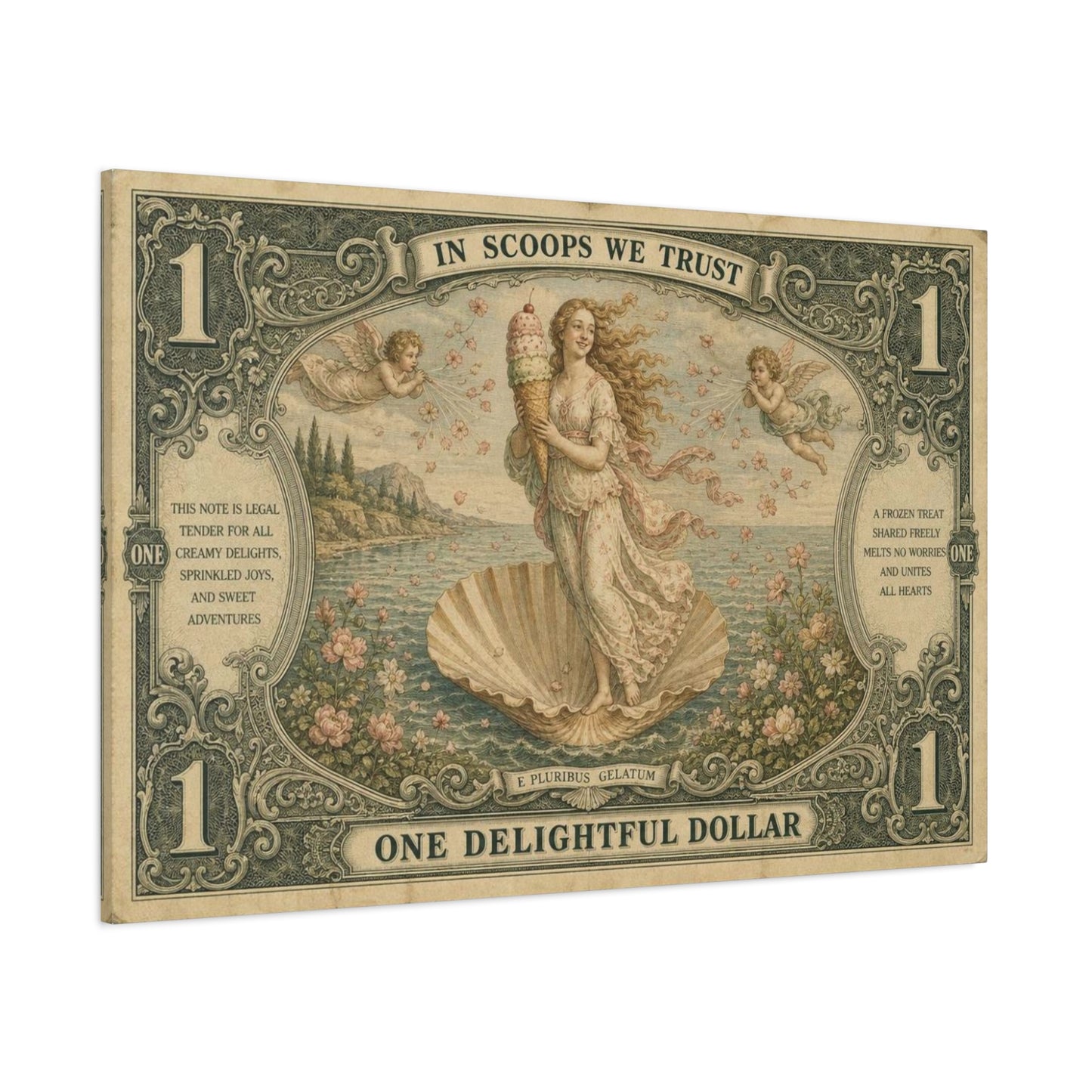 "In Scoops We Trust" Ice Cream Venus Canvas Wall Art - Vintage Parody Currency Print, Mythological Seaside Illustration, Whimsical Retro Decor, Living Room Bedroom Office Accent - Office Wall Art