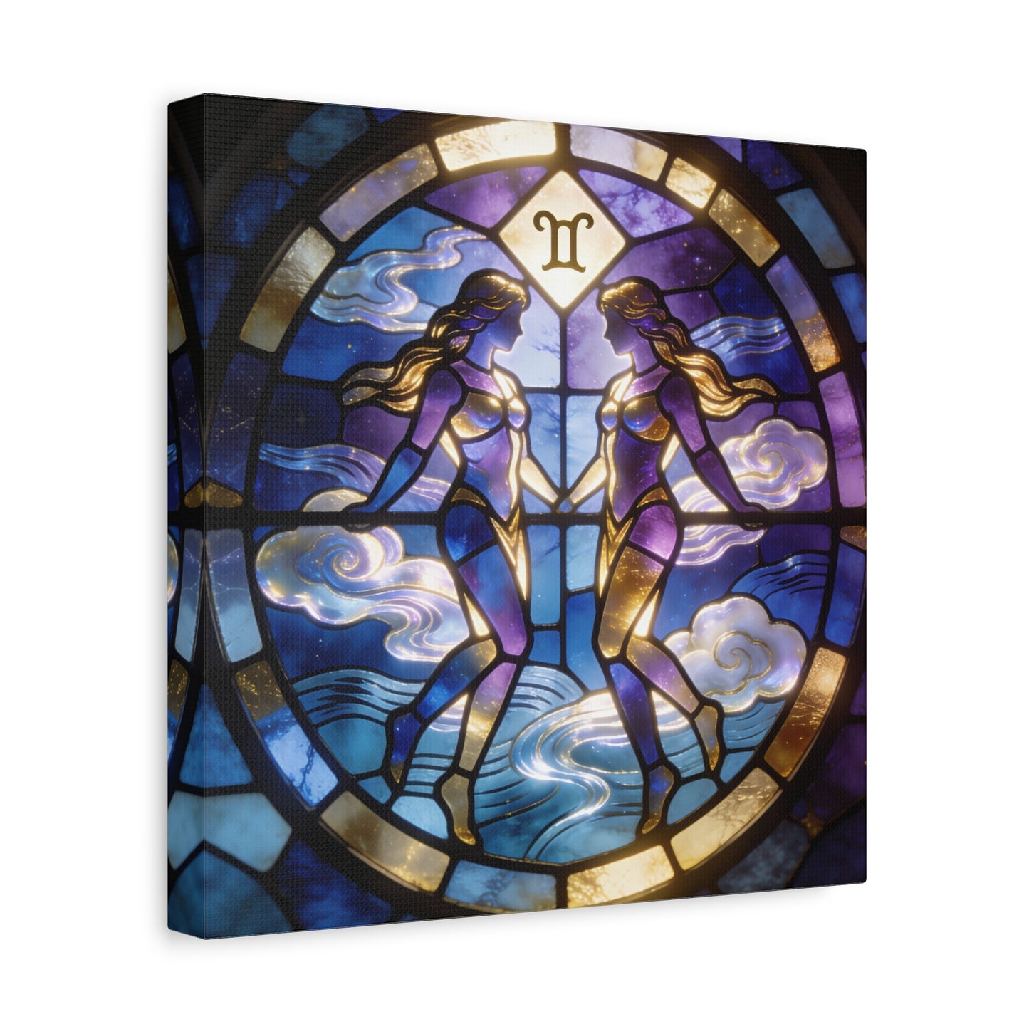 Gemini Zodiac Canvas Wall Art - Stained Glass Twin Women Celestial Print, Blue Purple Gold Astrology Decor - Modern Mystical Artwork - Bedroom Home Decoration Office Wall Art - Bedroom Home Decoration