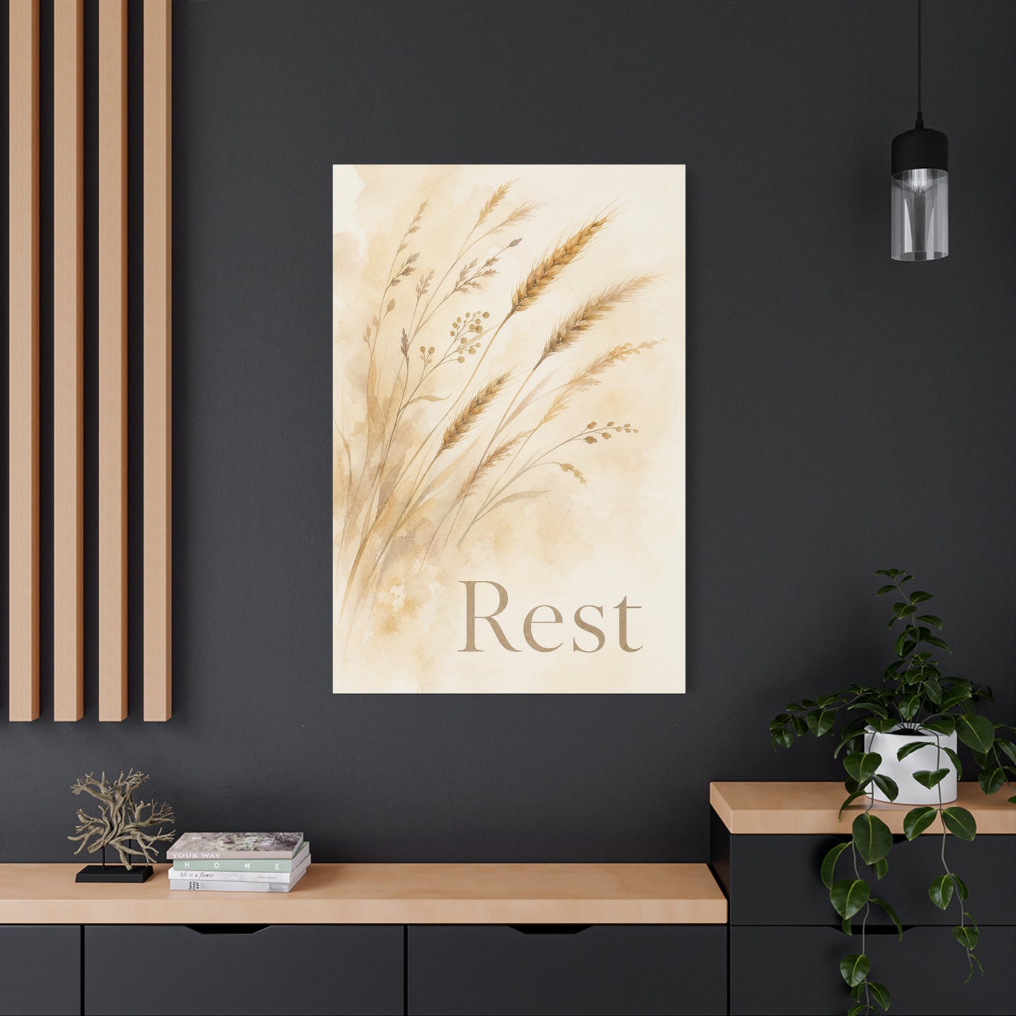 "Rest" Botanical Canvas Wall Art - Neutral Wheat Grass Watercolor Print - Minimalist Beige Farmhouse Decor - Bedroom Wall Hanging - Living Room Home Decoration - Meditation Space Accent