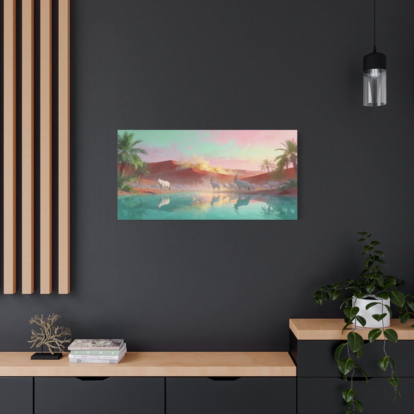 Desert Oasis Oryx Canvas Wall Art - Antelope Lake Reflection, Palm Dunes - Dreamy Surreal Cotton Print - Contemporary Landscape Style - Living Room Wall Decor, Bedroom Accent - Bedroom Home Decoration