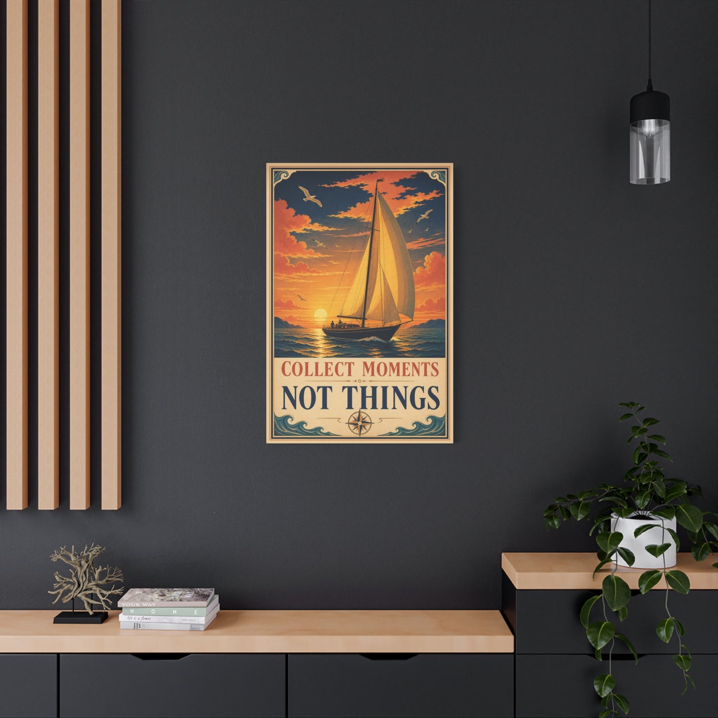 "Collect Moments Not Things" Sailboat Canvas Wall Art - Vintage Nautical Sunset Seascape, Inspirational Ocean Poster Style - Coastal Living Room Wall Decor, Bedroom Home Decoration - Ready to Hang