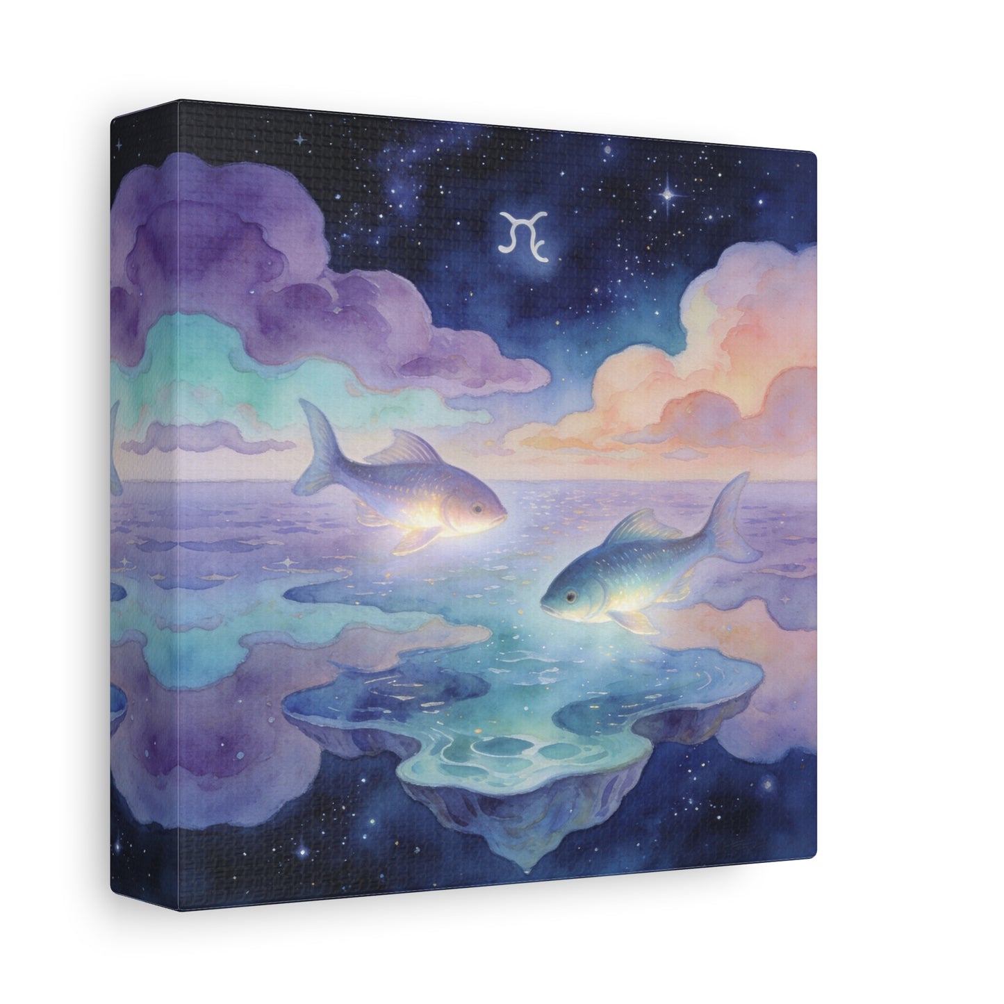 Pisces Zodiac Canvas Wall Art - Celestial Fish Over Dreamlike Sea, Watercolor Illustration - Mystical Night Sky, Matte Canvas Print - Bedroom Wall Decor, Meditation Space Accent - Ready to Hang