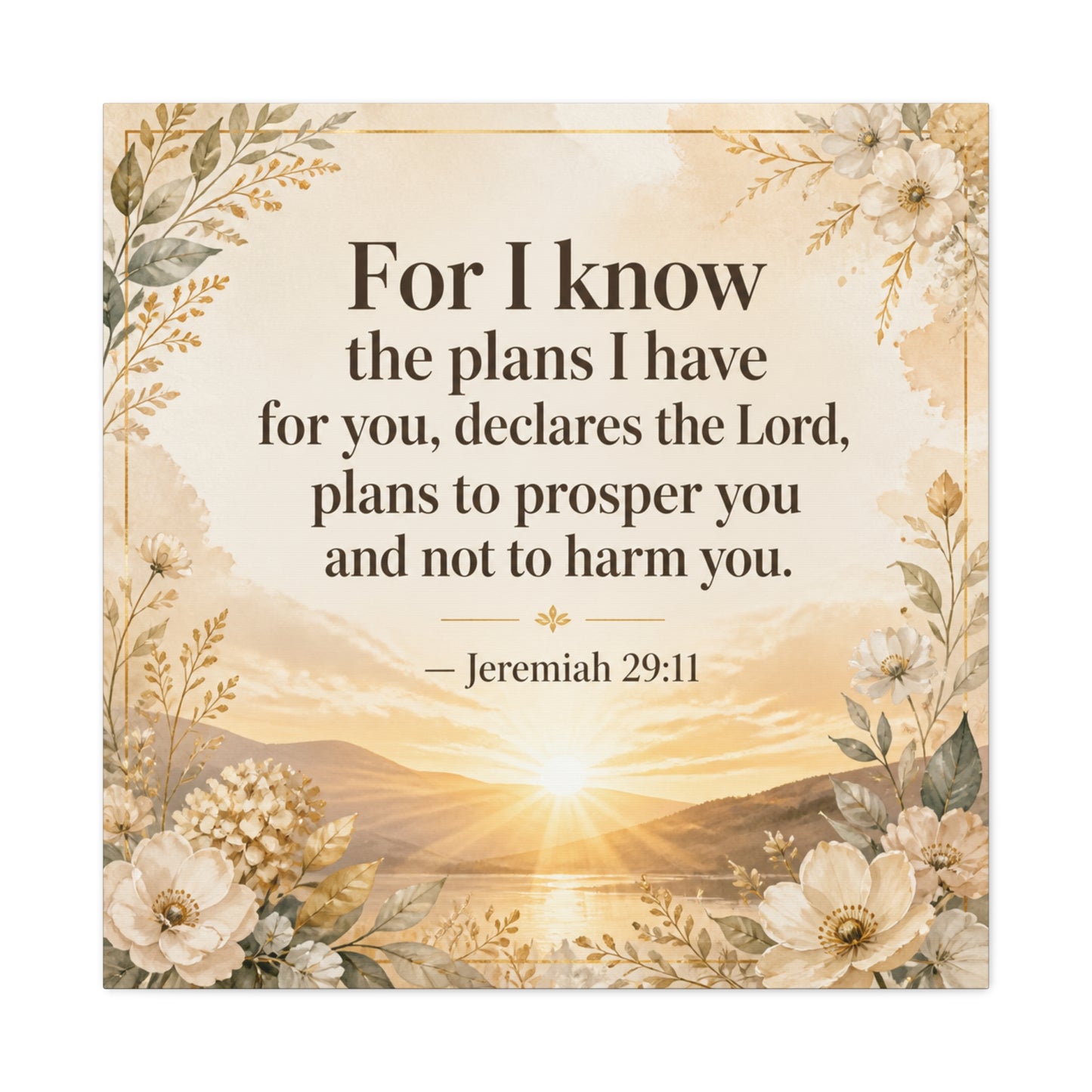"For I Know The Plans I Have For You" Bible Verse Canvas Wall Art - Jeremiah 29:11 Floral Scripture Print, Gold Sunrise Landscape, Christian Wall Decor For Bedroom, Living Room - Ready to Hang